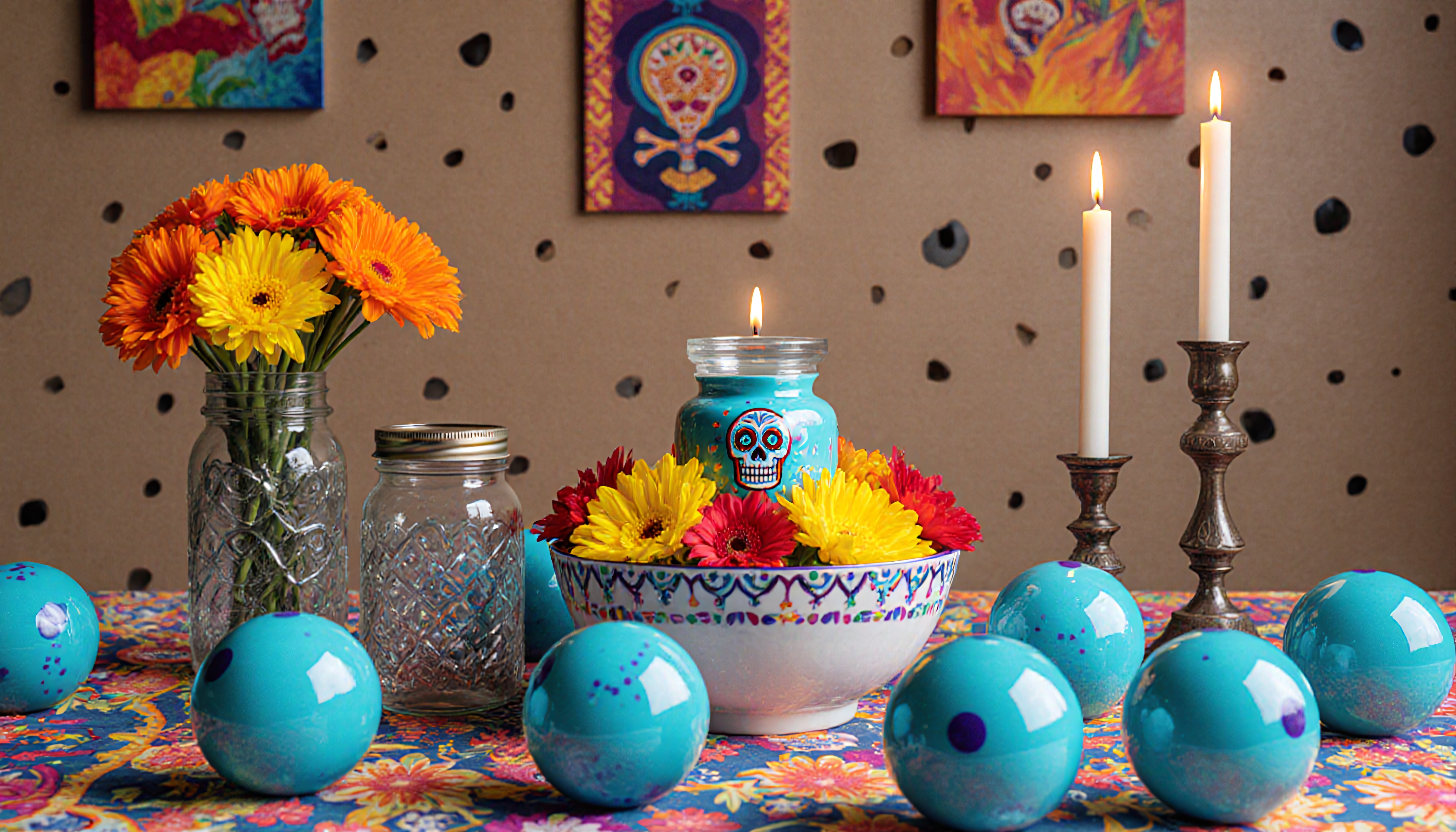 Colorful Day of the Dead altar with decorated skull candle and vibrant flowers.