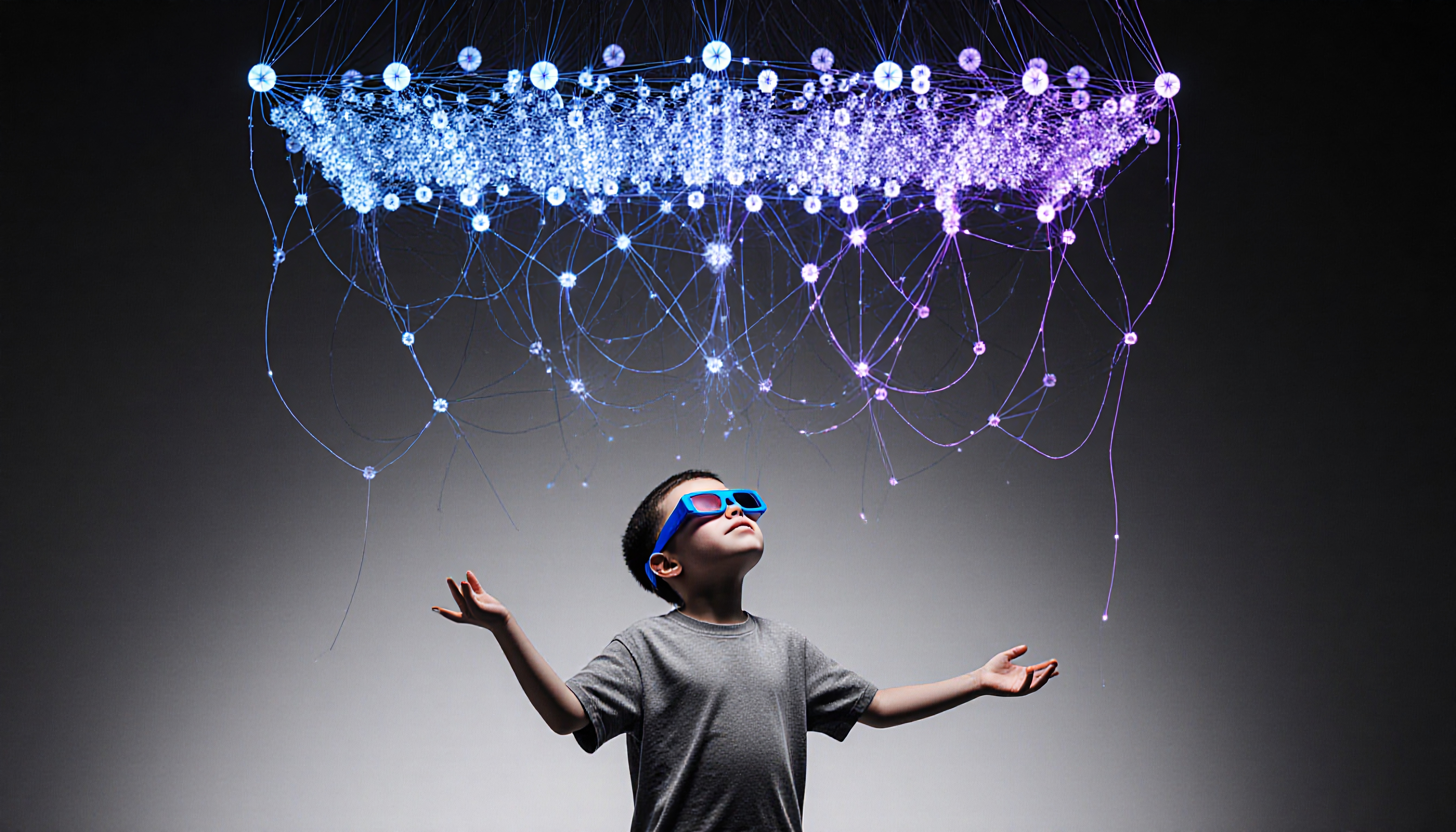 Young boy wearing 3D glasses gazes up at a glowing digital network cloud, representing technology and future exploration.