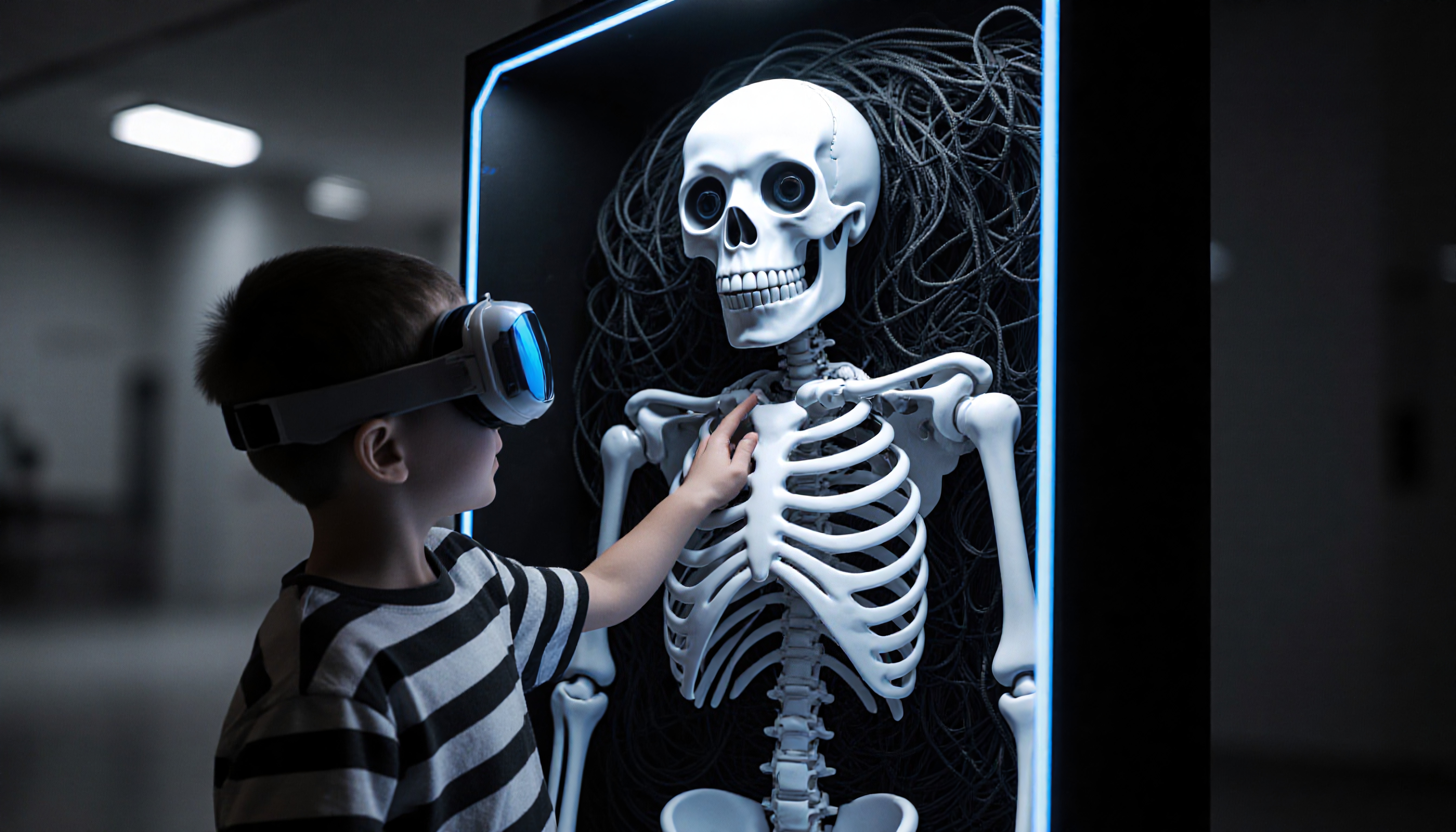 A young boy interacts with a skeleton display using virtual reality goggles in a dimly lit exhibit.