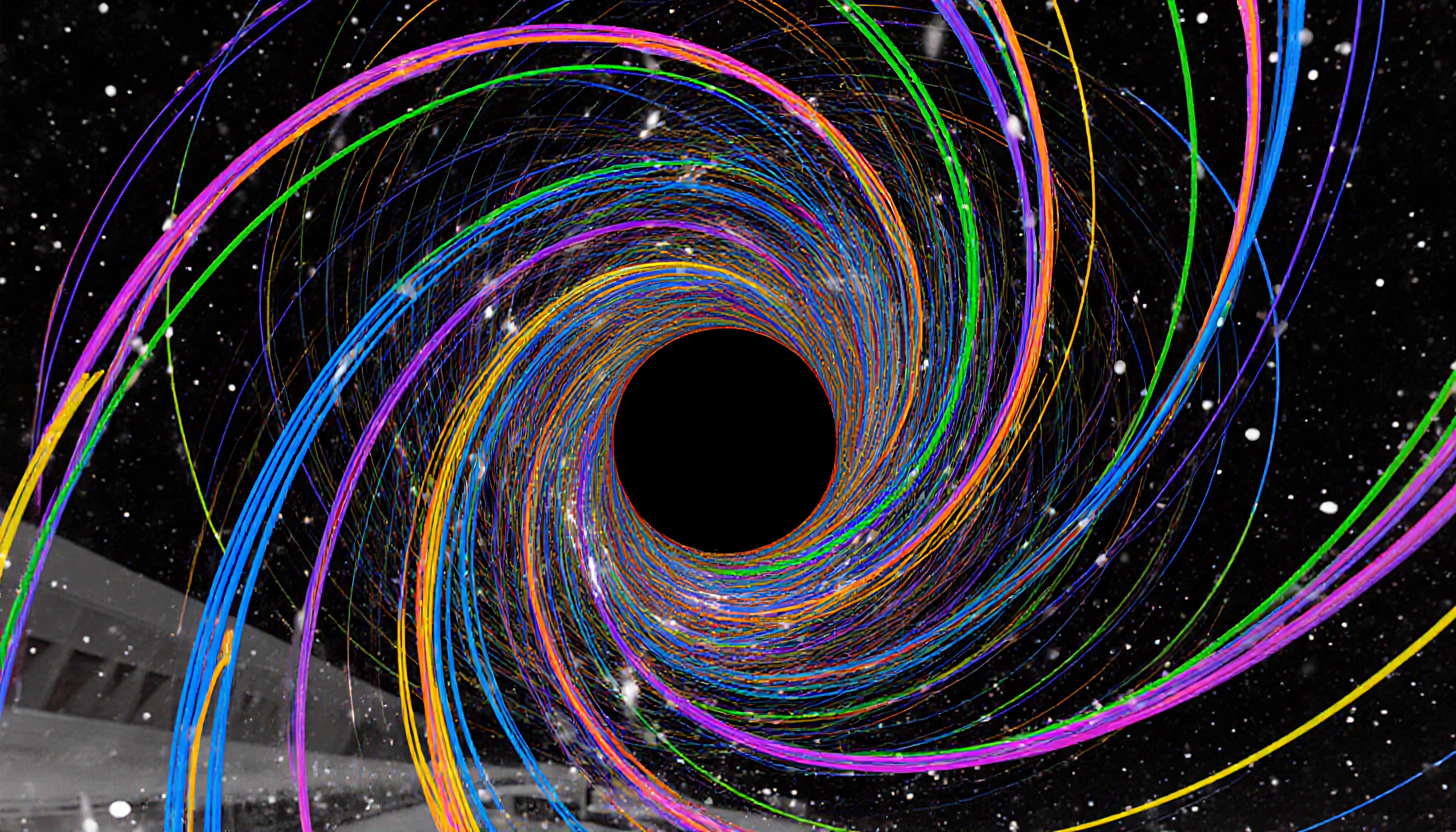 A colorful spiral vortex against a starry background.
