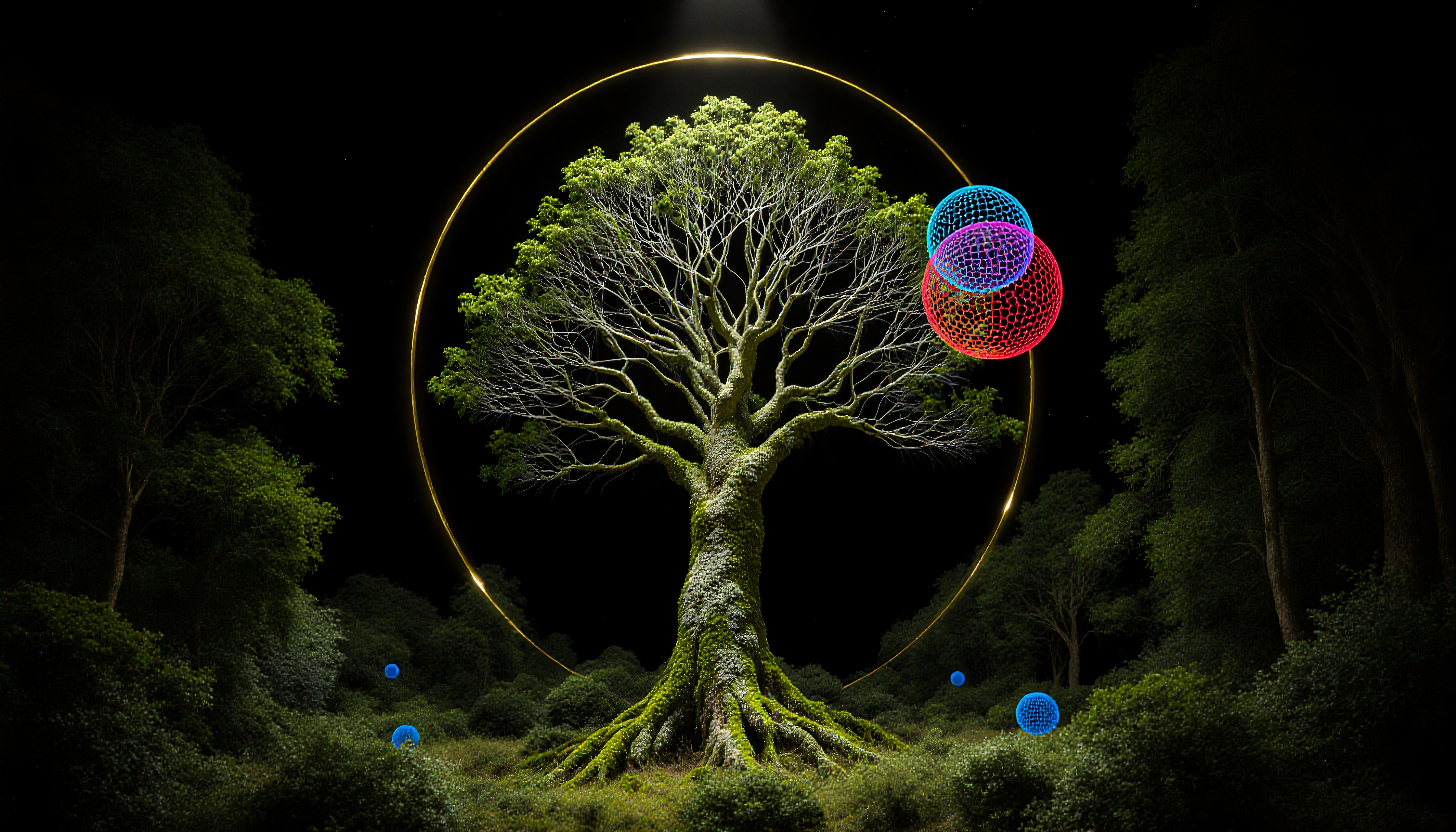 Majestic tree with radiant halo surrounded by colorful, floating spheres in a dark, mystical forest.