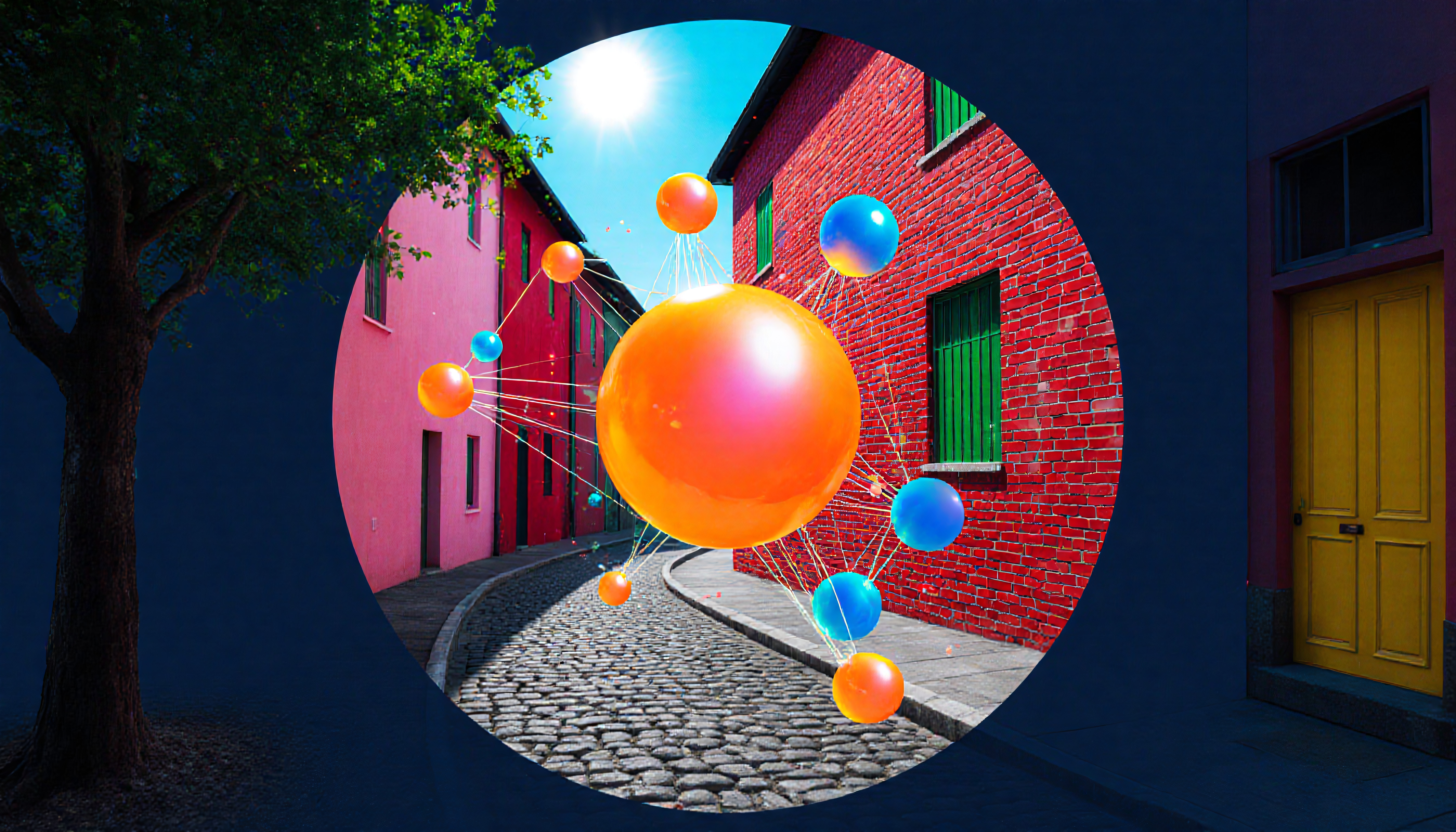Vibrant Street with Atomic Structure Overlay