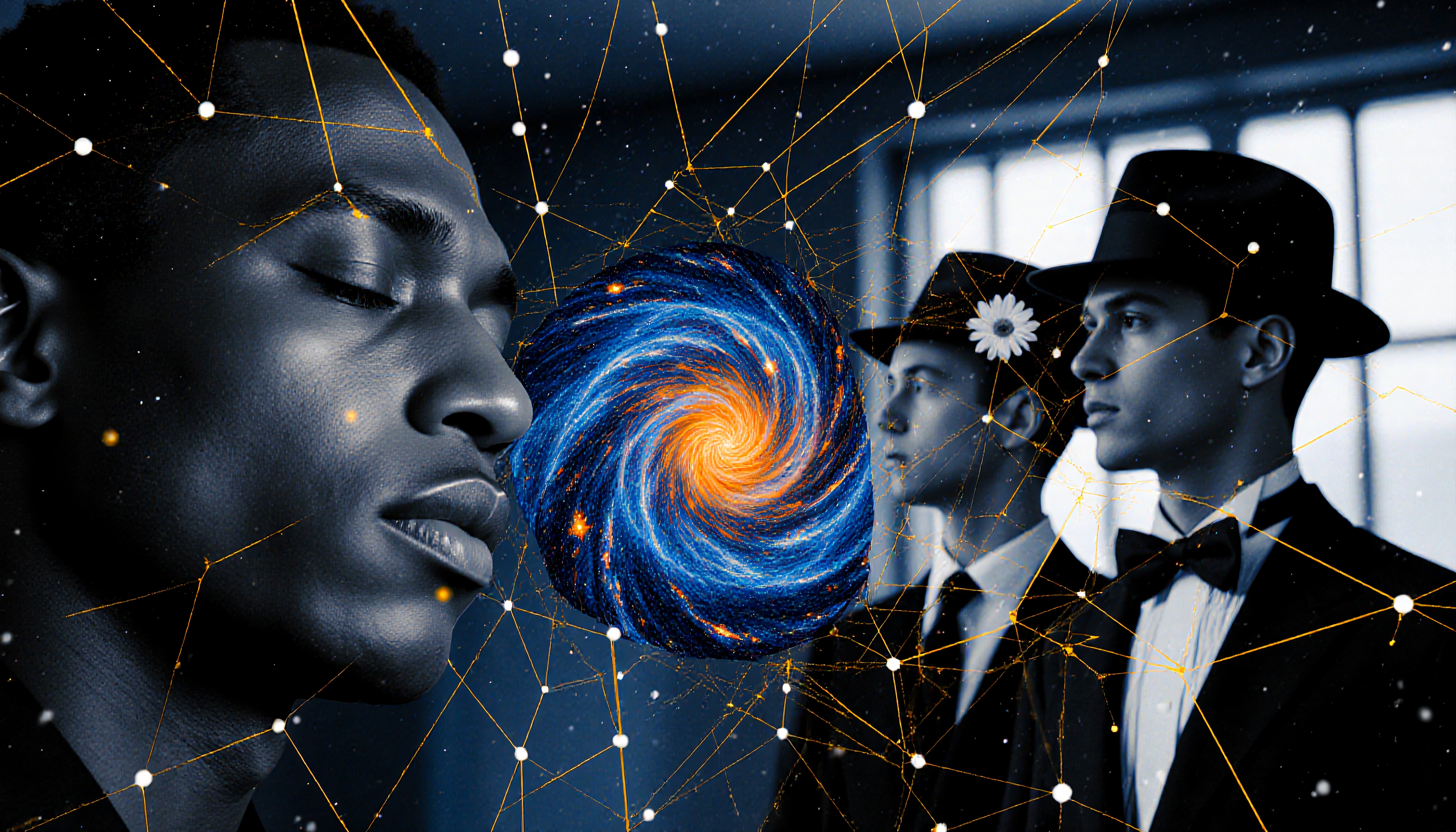 A serene figure with closed eyes appears in front of a swirling galaxy, framed by whimsical figures in hats and a network of glowing connections.