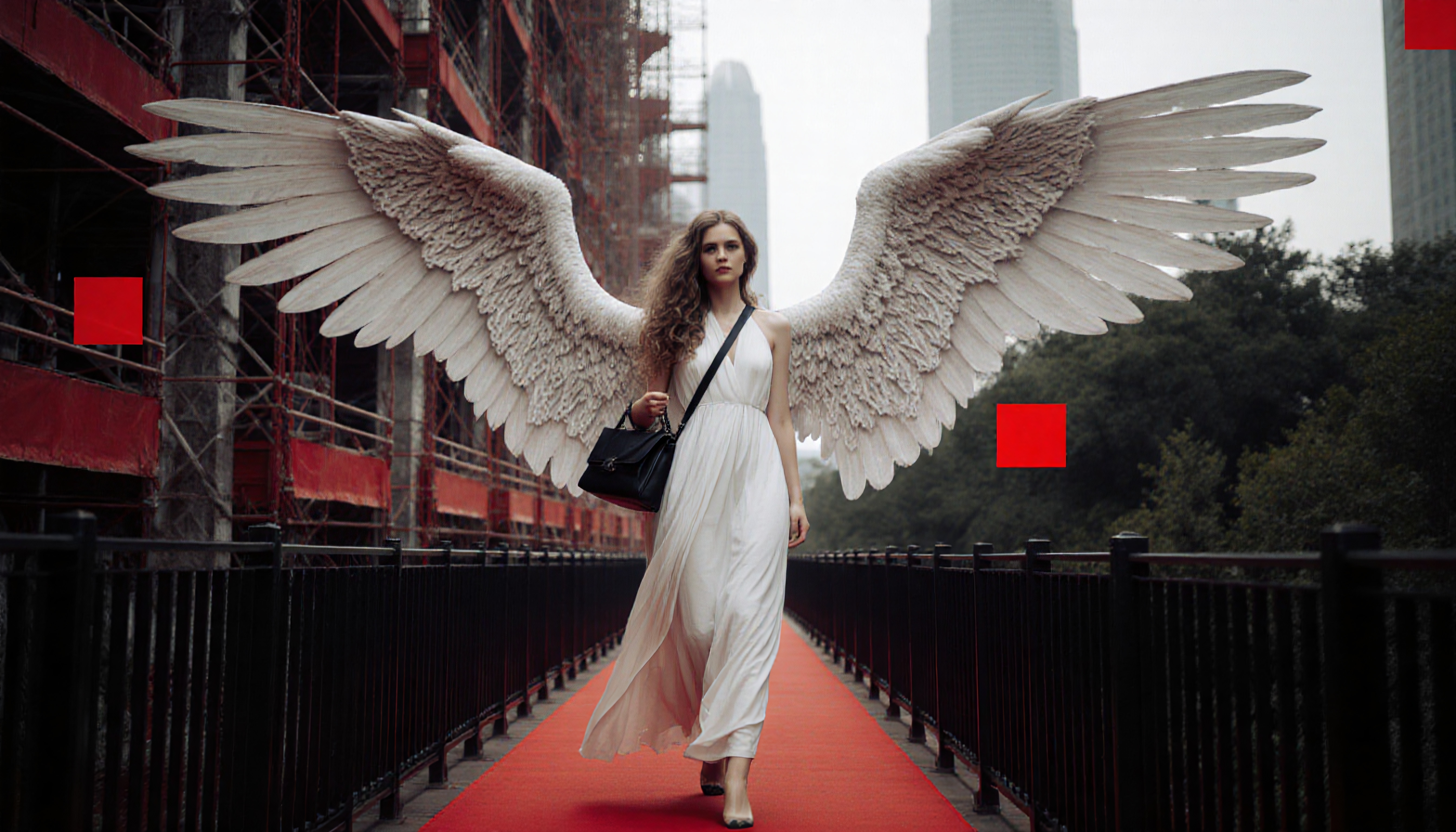 A woman with angel wings walks confidently along a red carpet bridge in an urban setting.