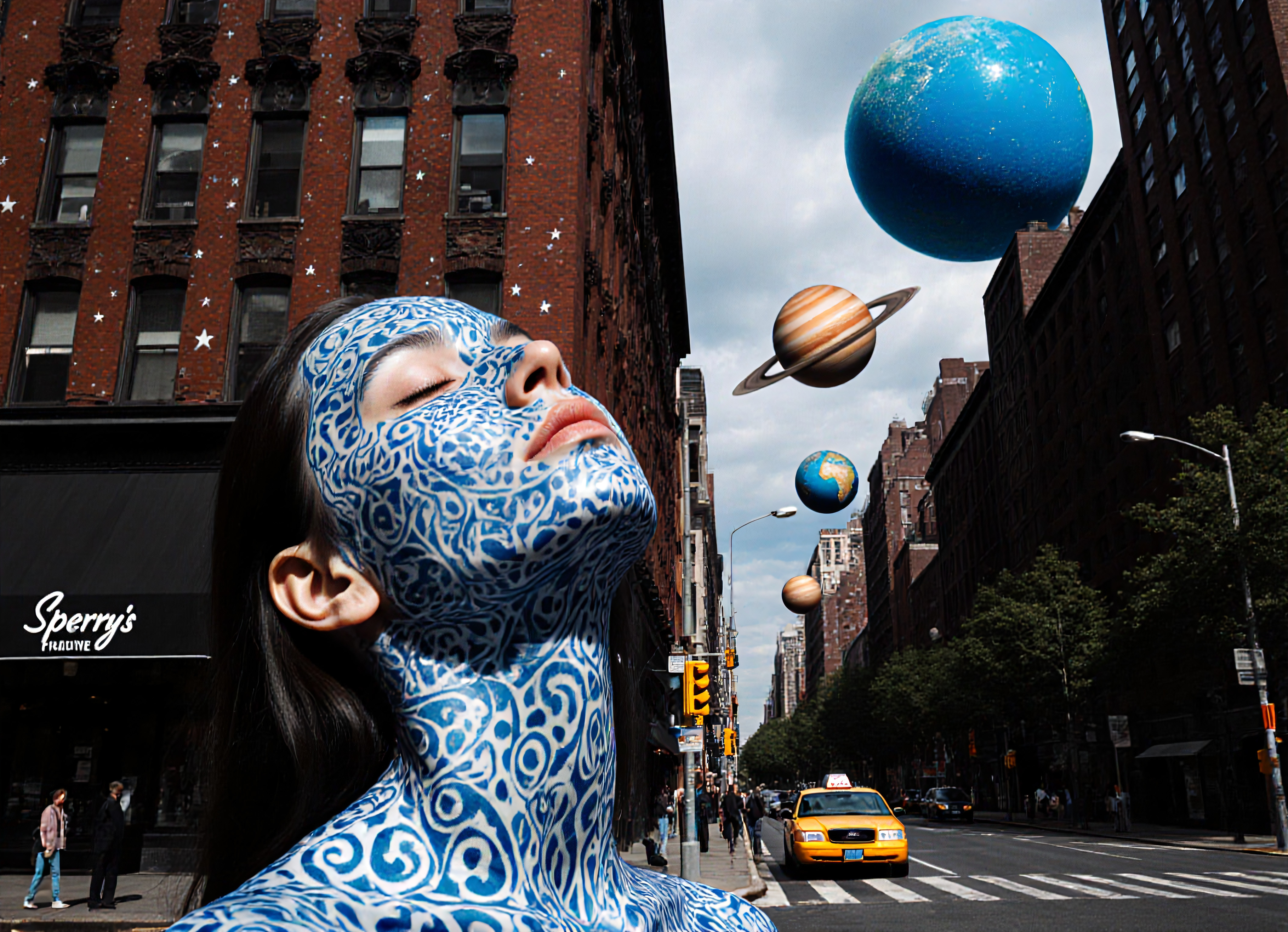 A woman with blue painted patterns on her face stands on a city street under floating planets, creating a surreal atmosphere.