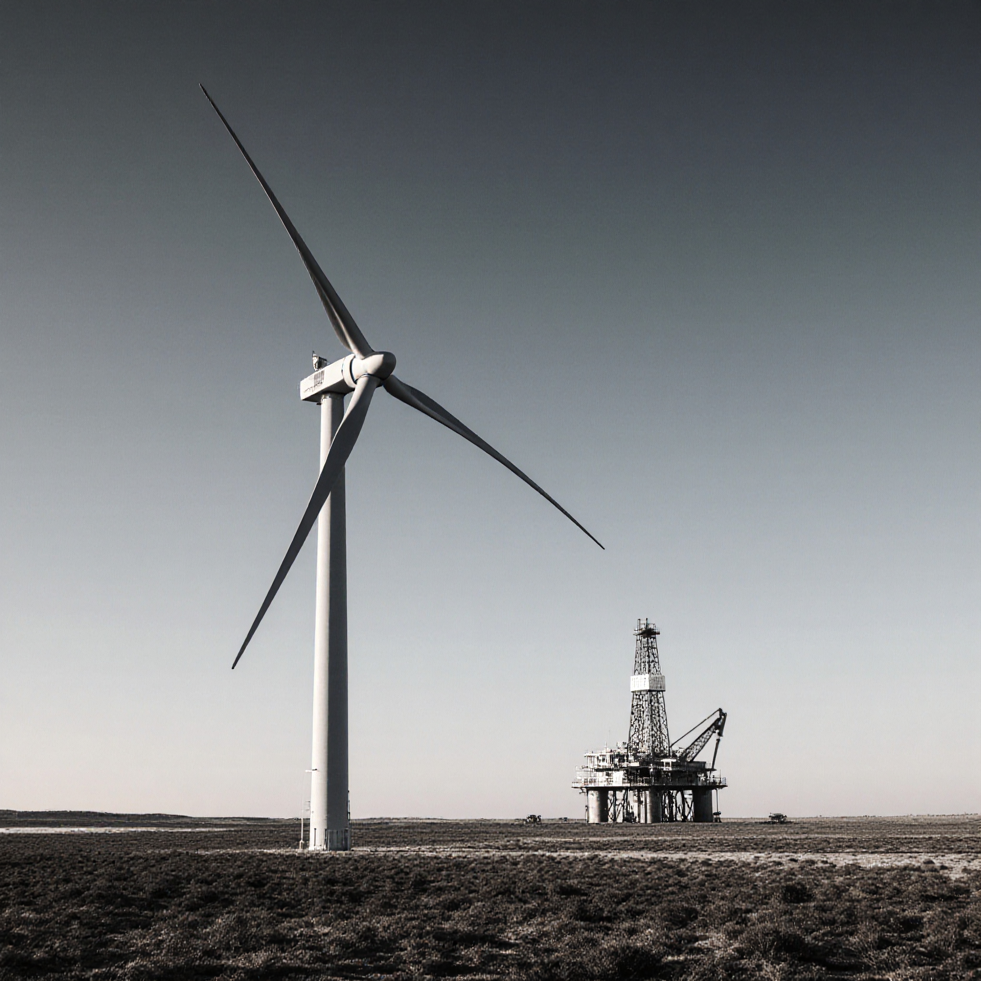 A wind turbine and oil rig in an open landscape illustrating the contrast between renewable and fossil fuel energy sources.