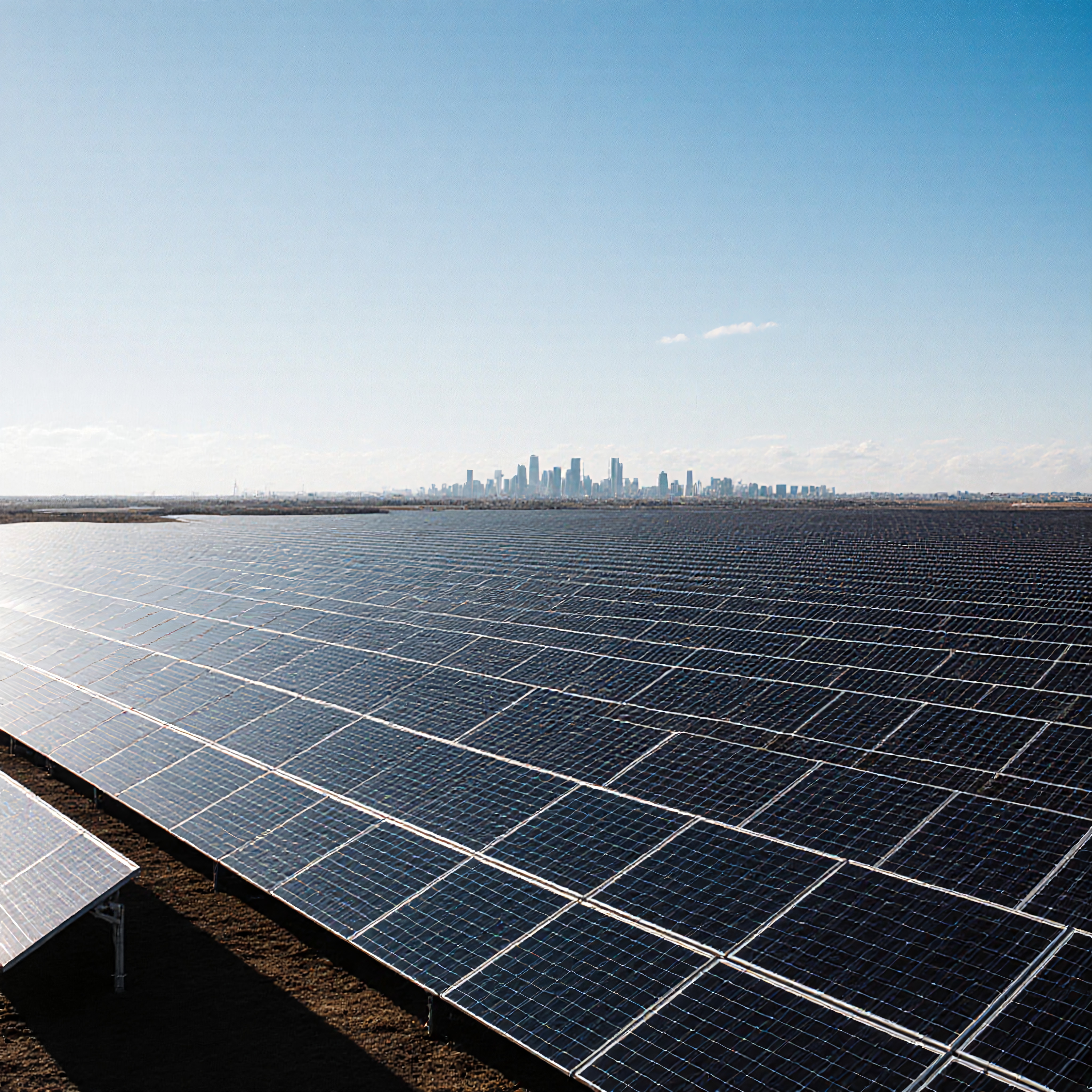 Expansive field of solar panels with city skyline in the background.