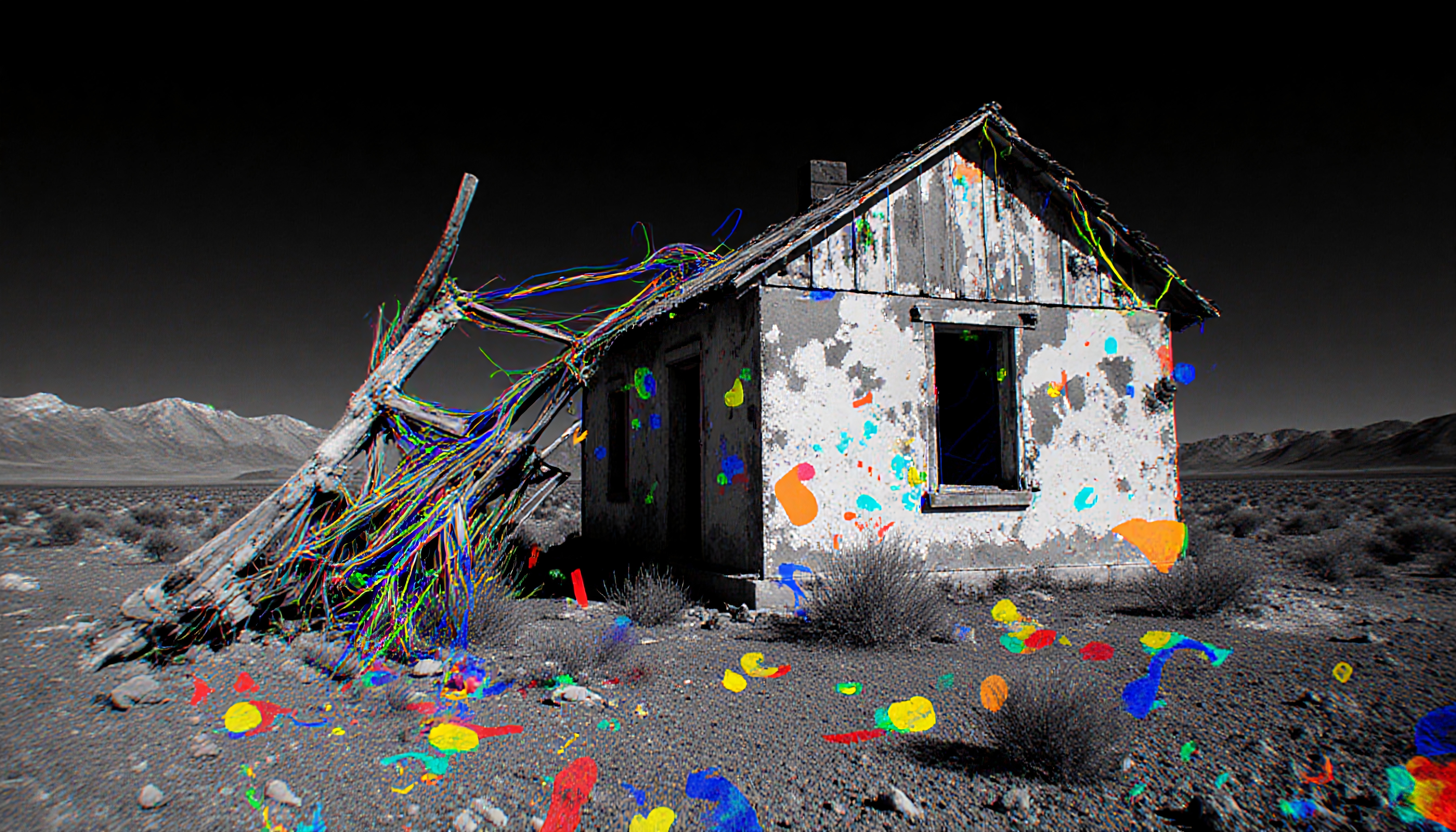 Abandoned house in desert painted with vibrant splashes.