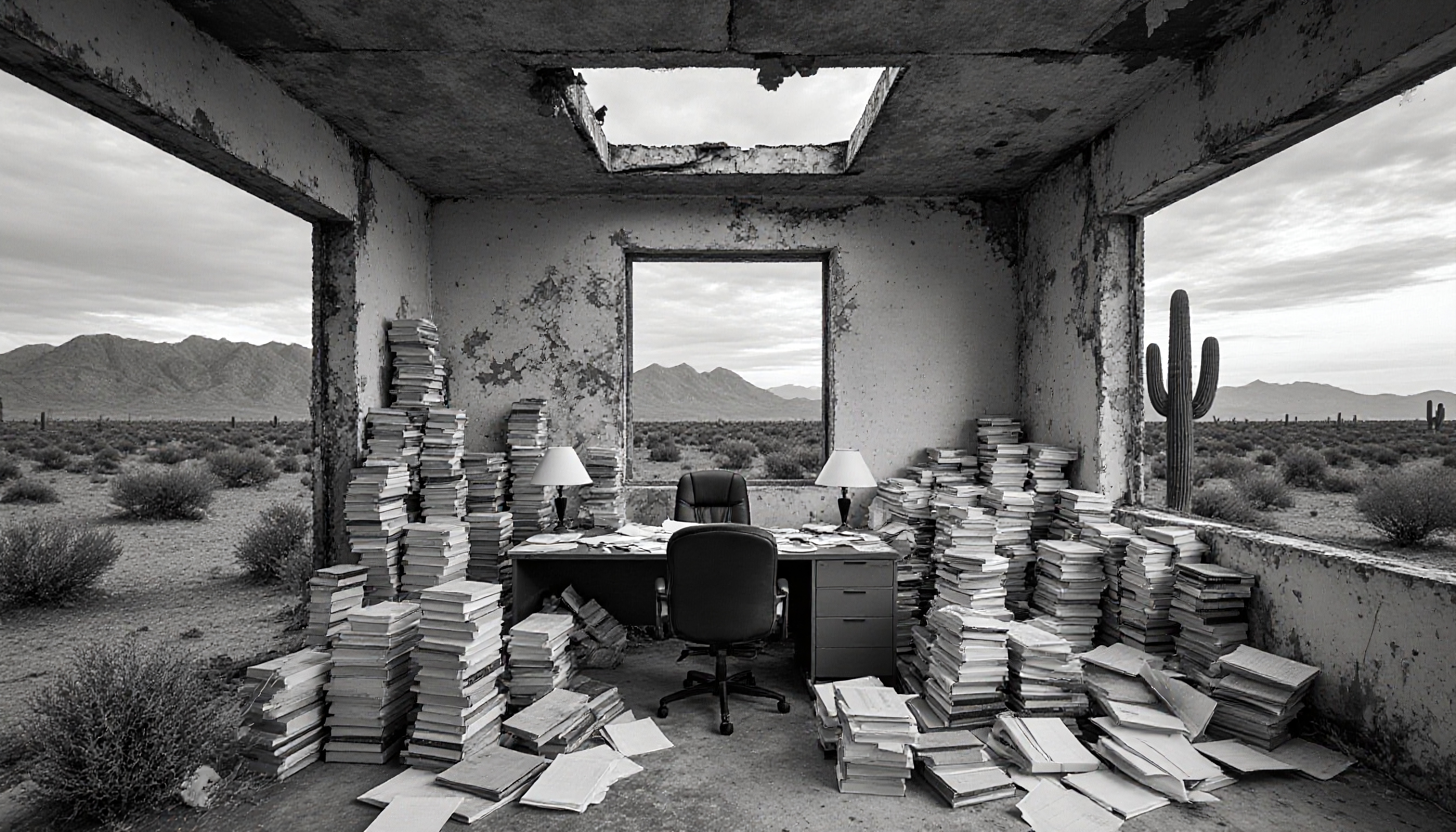 A deserted room with piles of books overlooks a vast desert landscape through large open windows with a cactus in view.