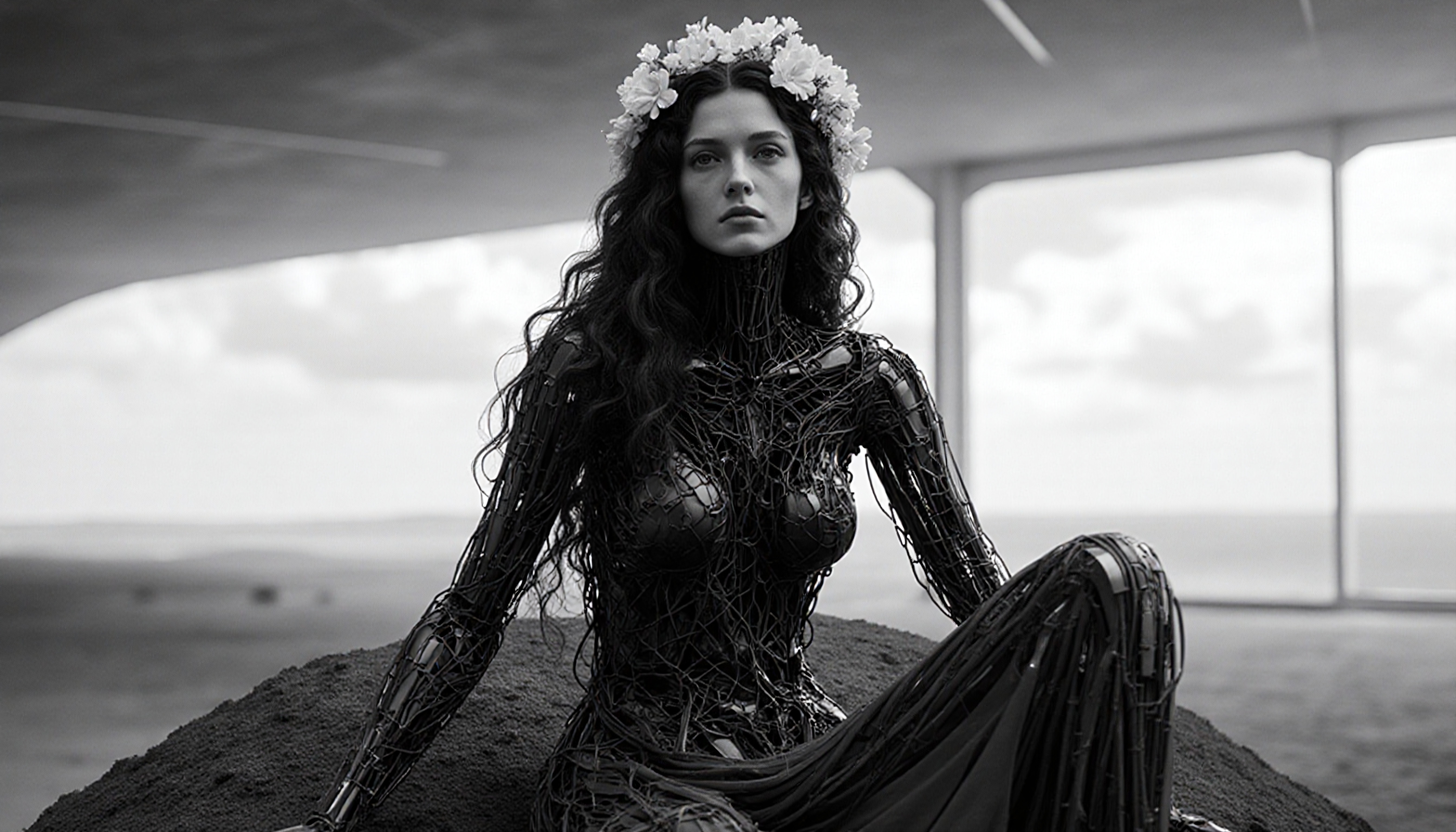Futuristic robotic woman with flower crown.