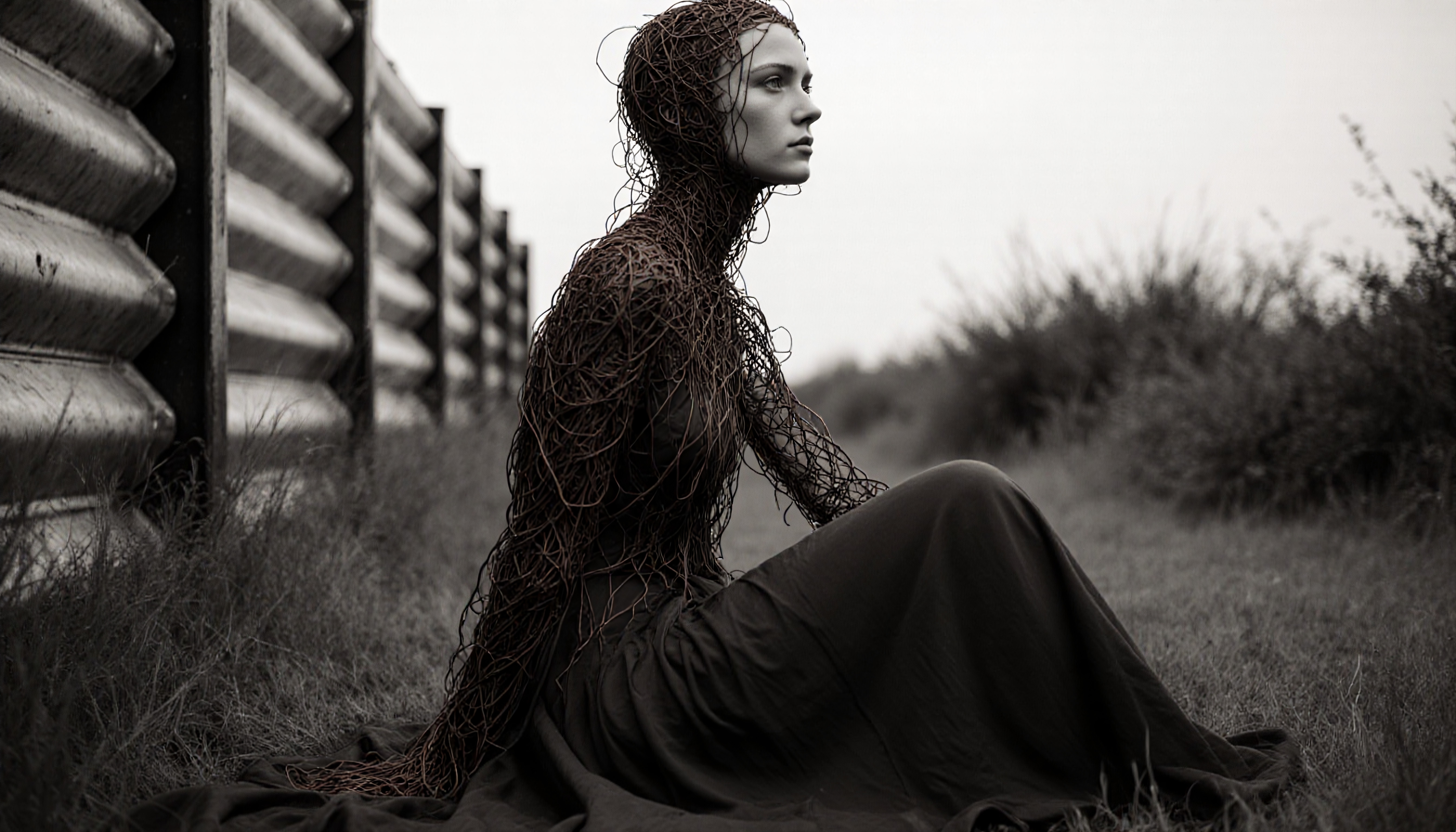 A contemplative figure in a twig mesh, outdoors with metallic backdrop in monochrome.