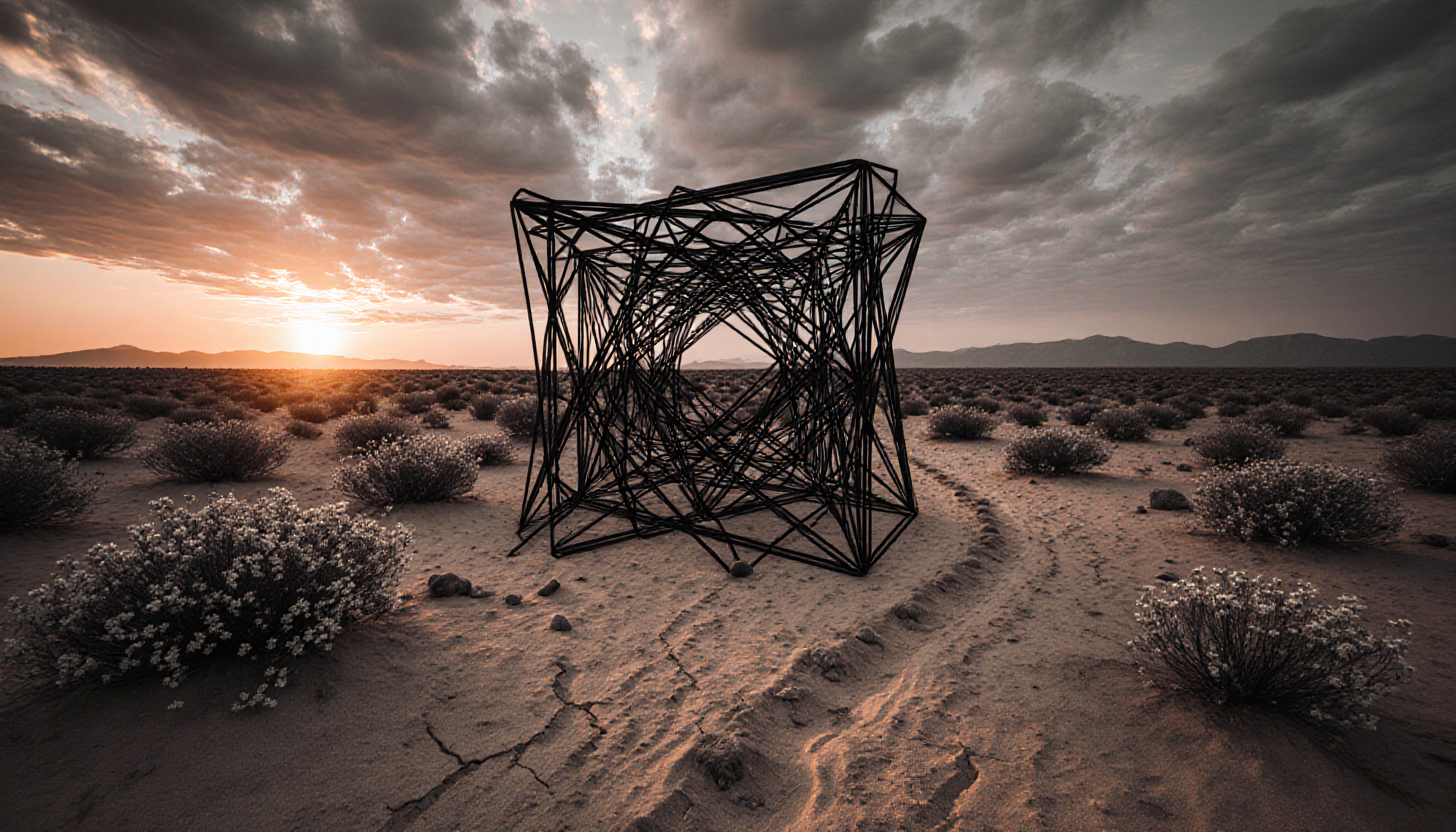 Complex geometric structure in desert landscape during sunset.