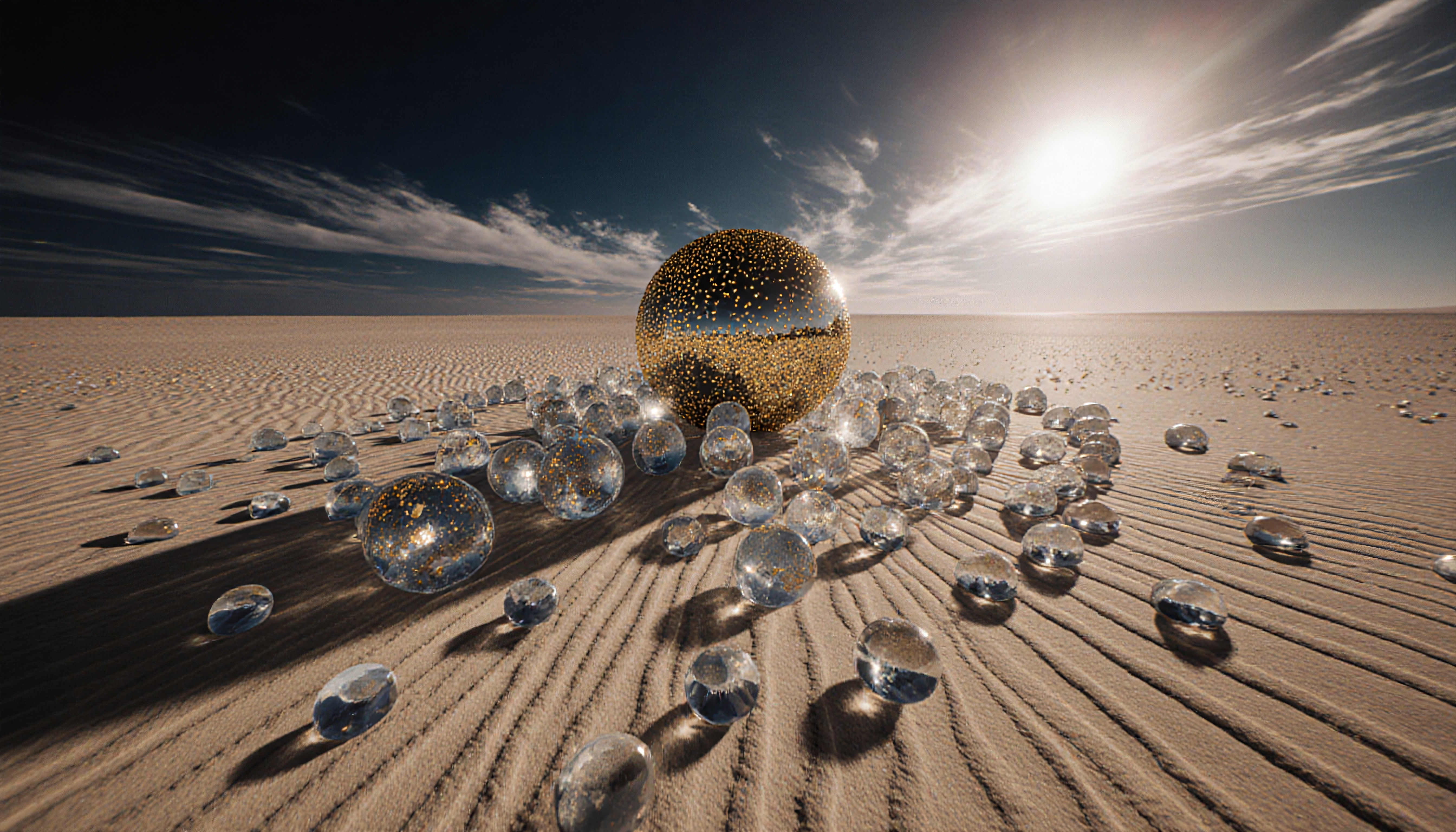 Large reflective spheres on sand under bright sun.