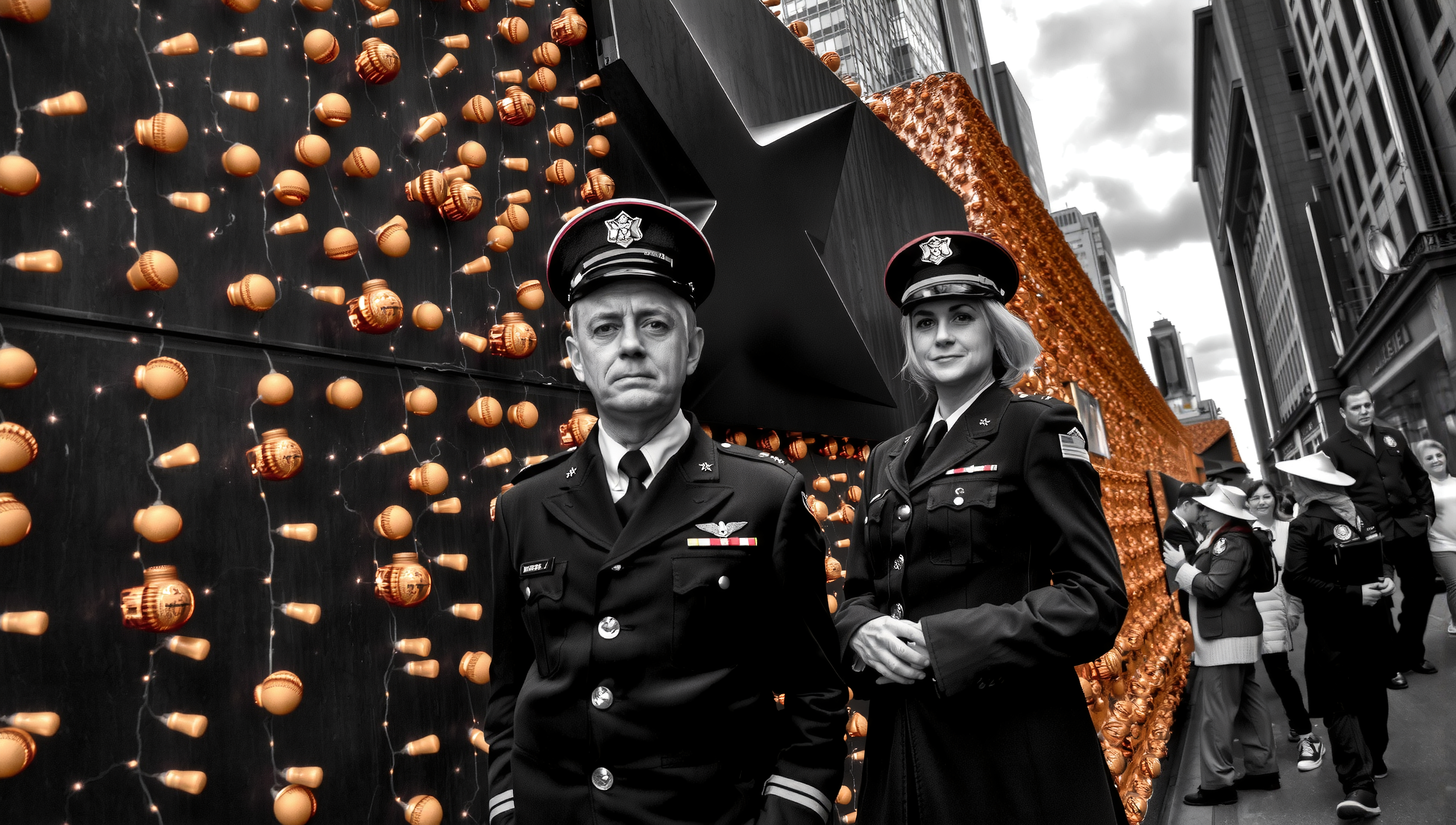 Officers Amidst Golden Baseball Decor