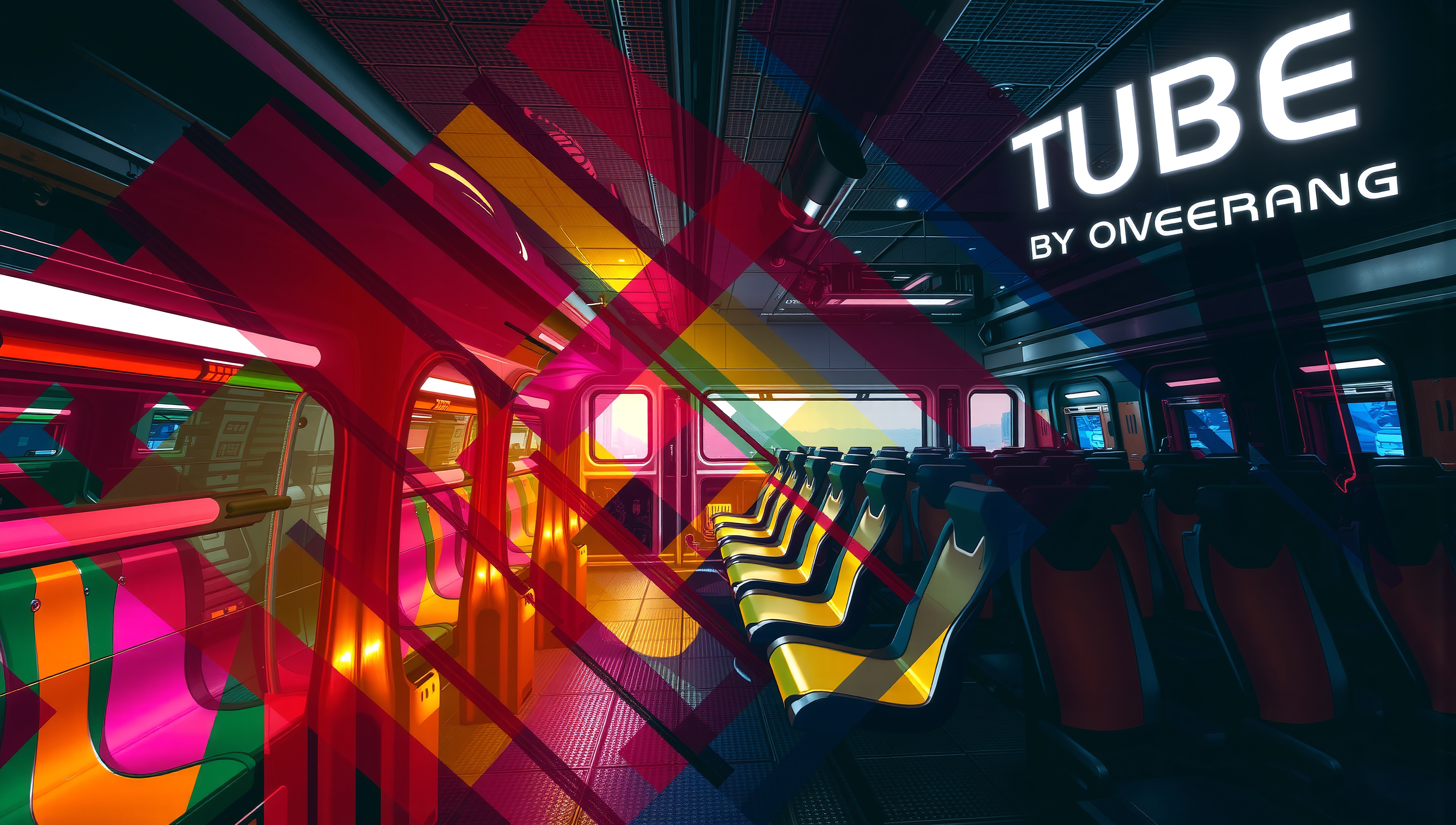 Futuristic train interior with colorful seating and neon lighting.