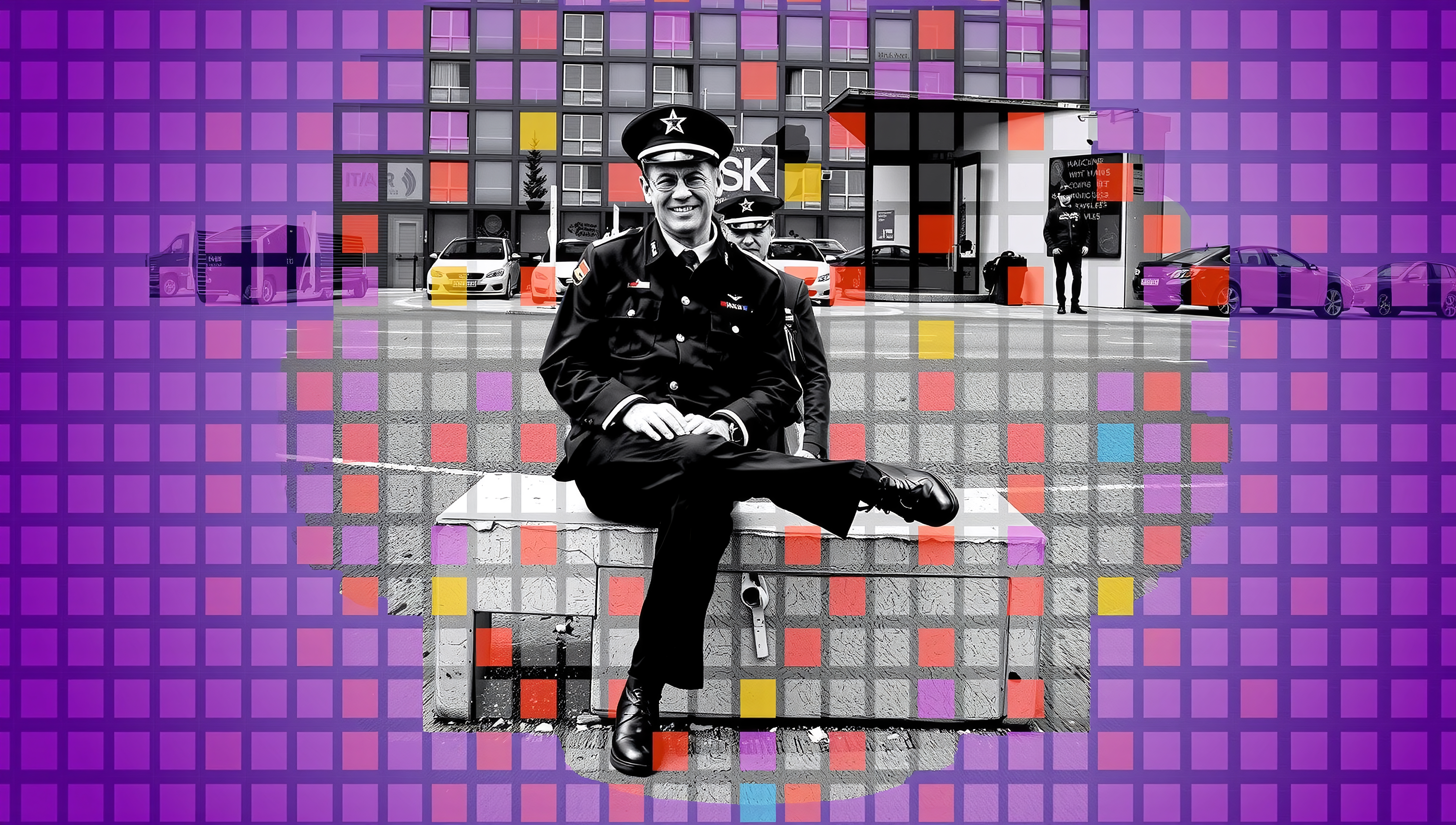 A man in uniform sits against a backdrop of vibrant colored squares and an urban scene.
