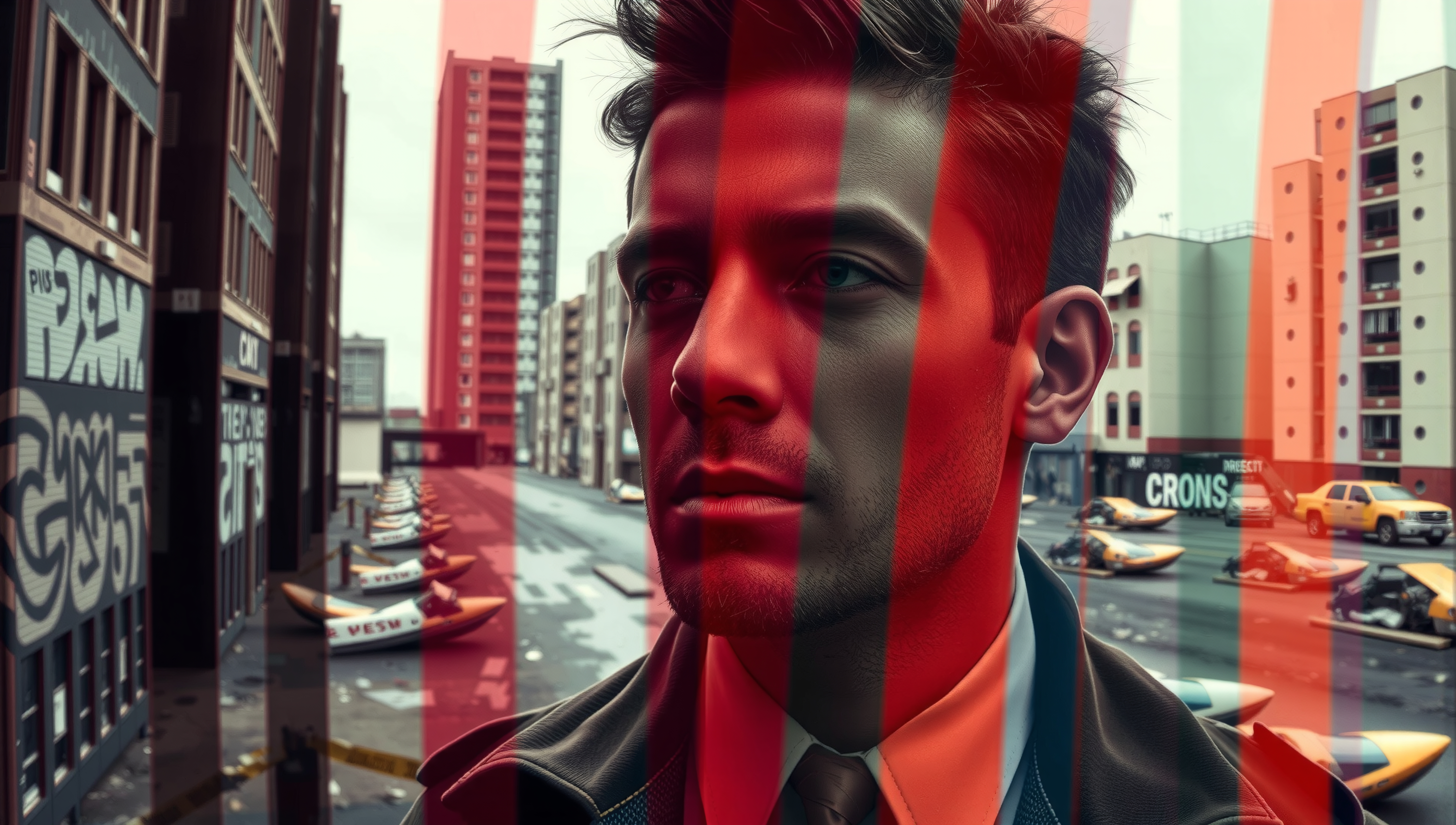 A man in a suit stands amidst tall buildings with graffiti, overlaid by red stripes.