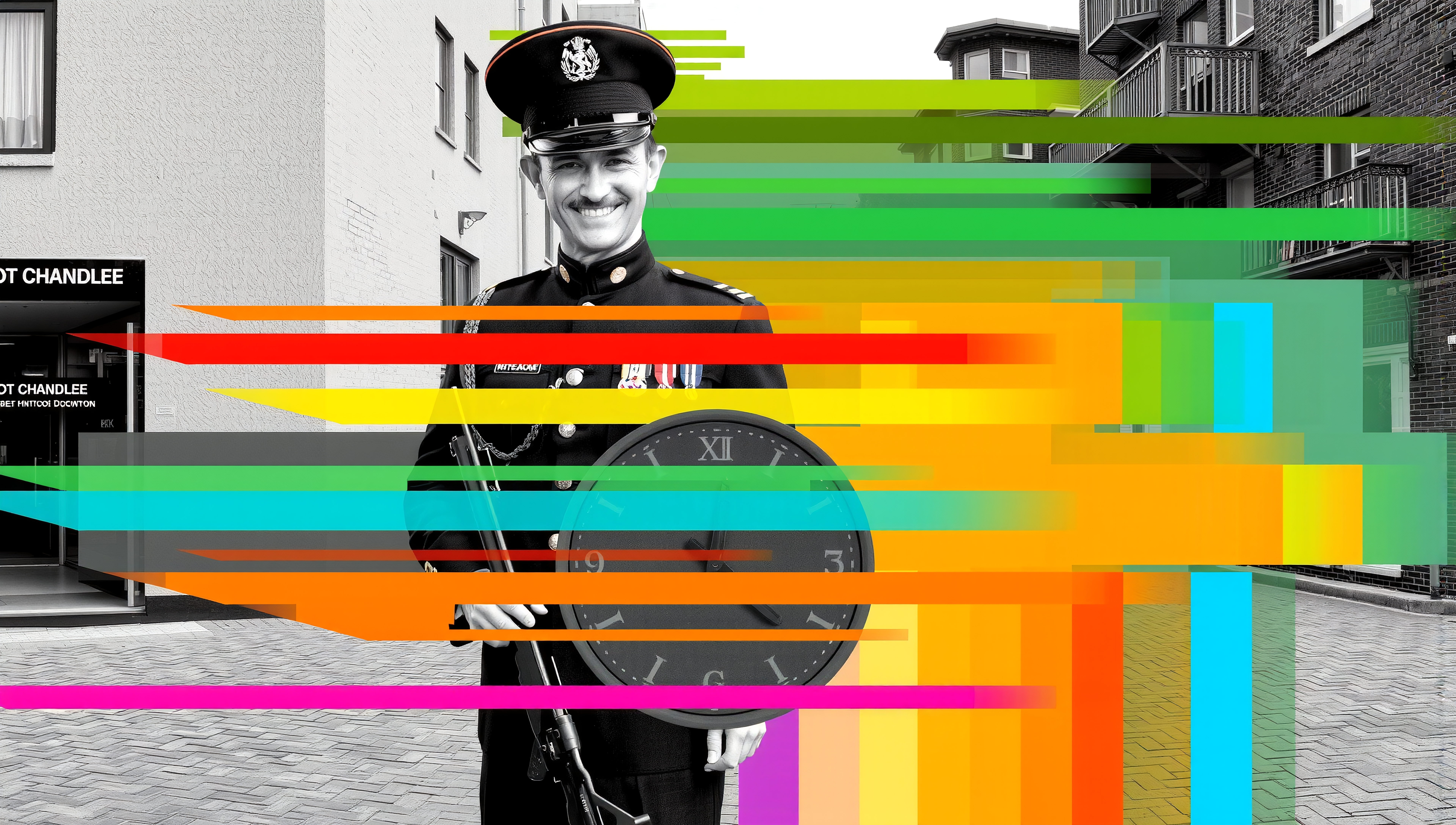 A uniformed man with a clock and colorful digital streaks.