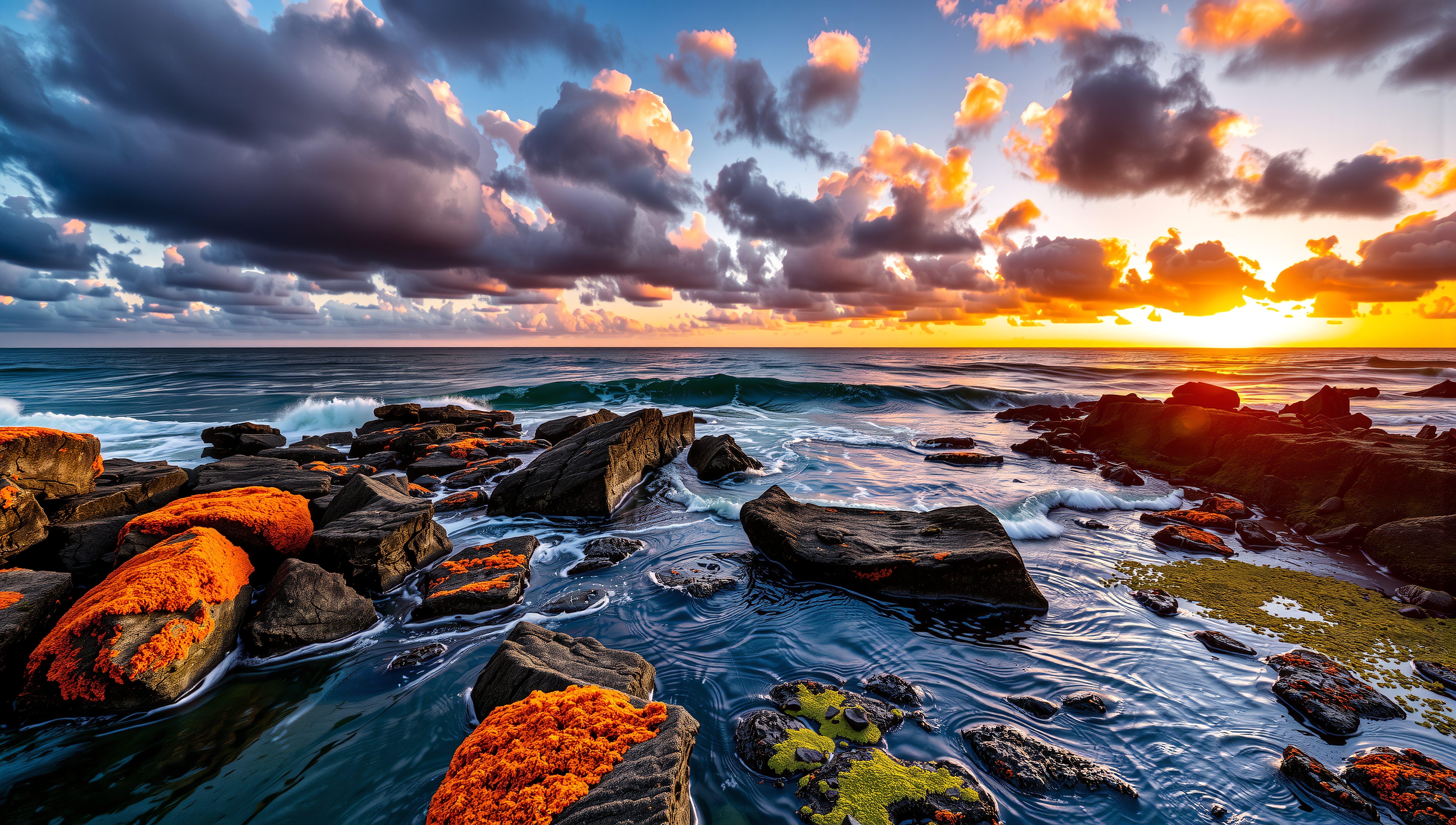 A stunning sunset over a rocky coastal landscape with vibrant orange and green algae-covered rocks and dramatic clouds.