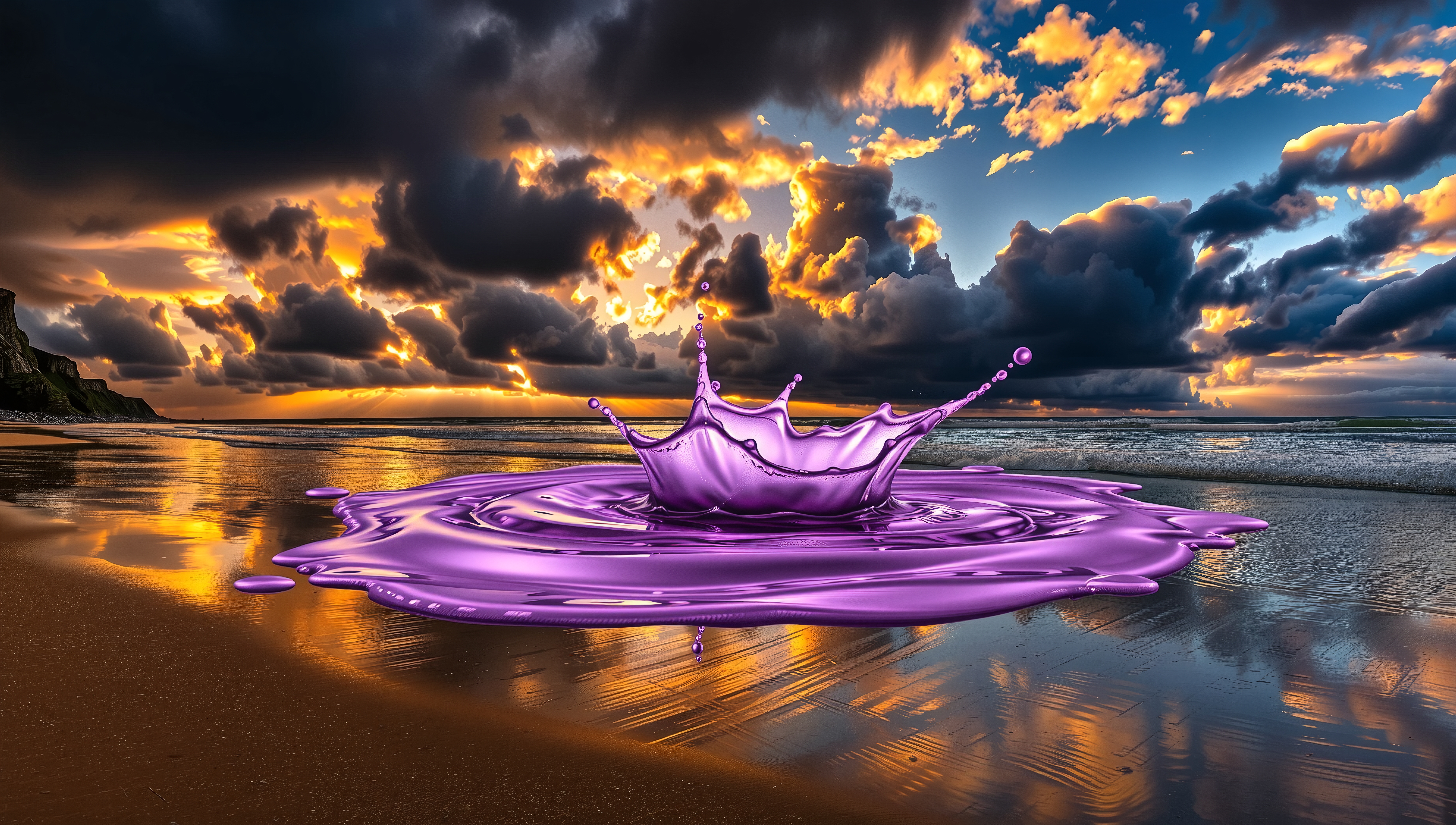 Surreal purple liquid splash forming crown shape on sandy beach during colorful sunset over ocean