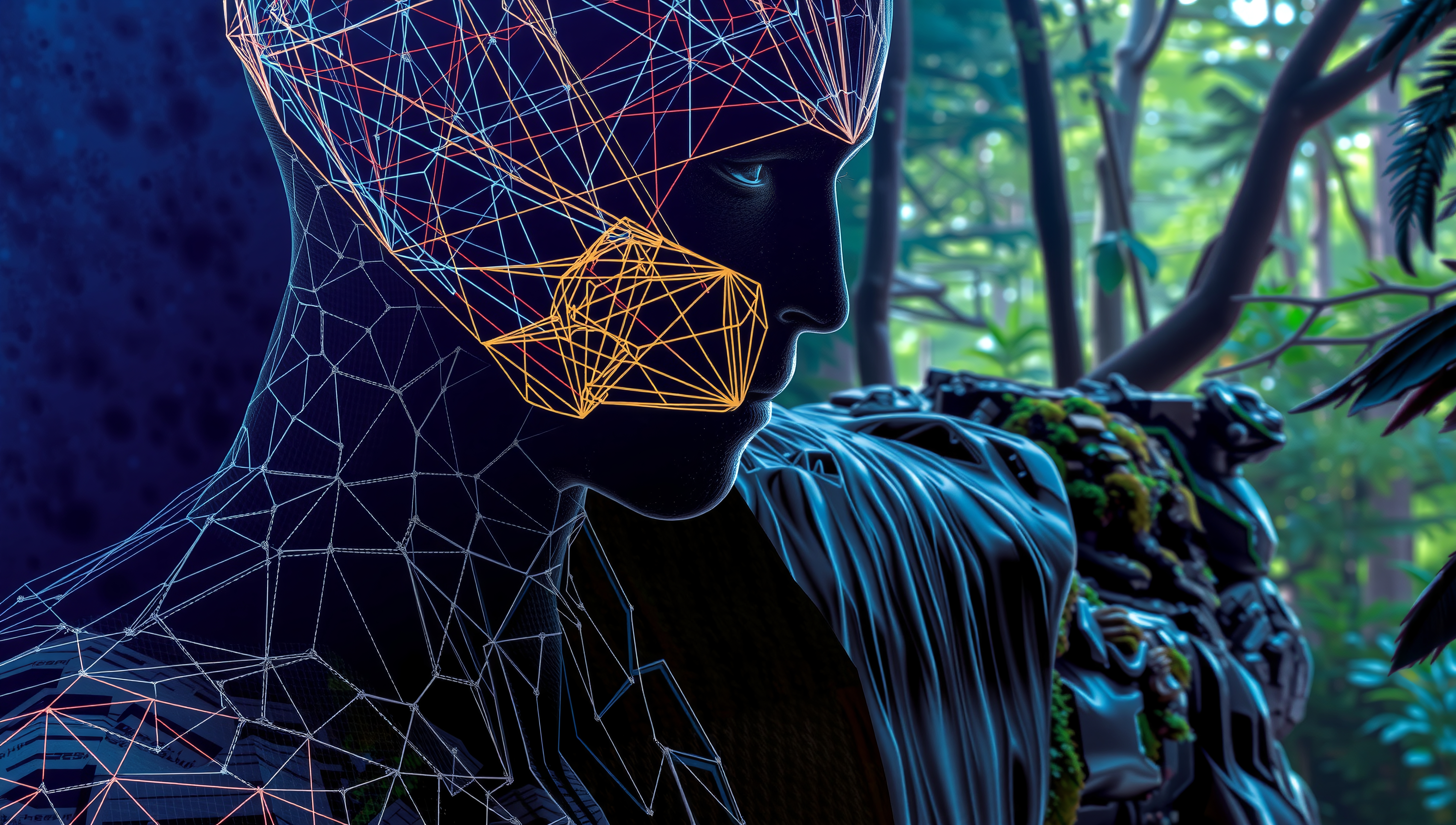 Futuristic digital humanoid in a forest setting.