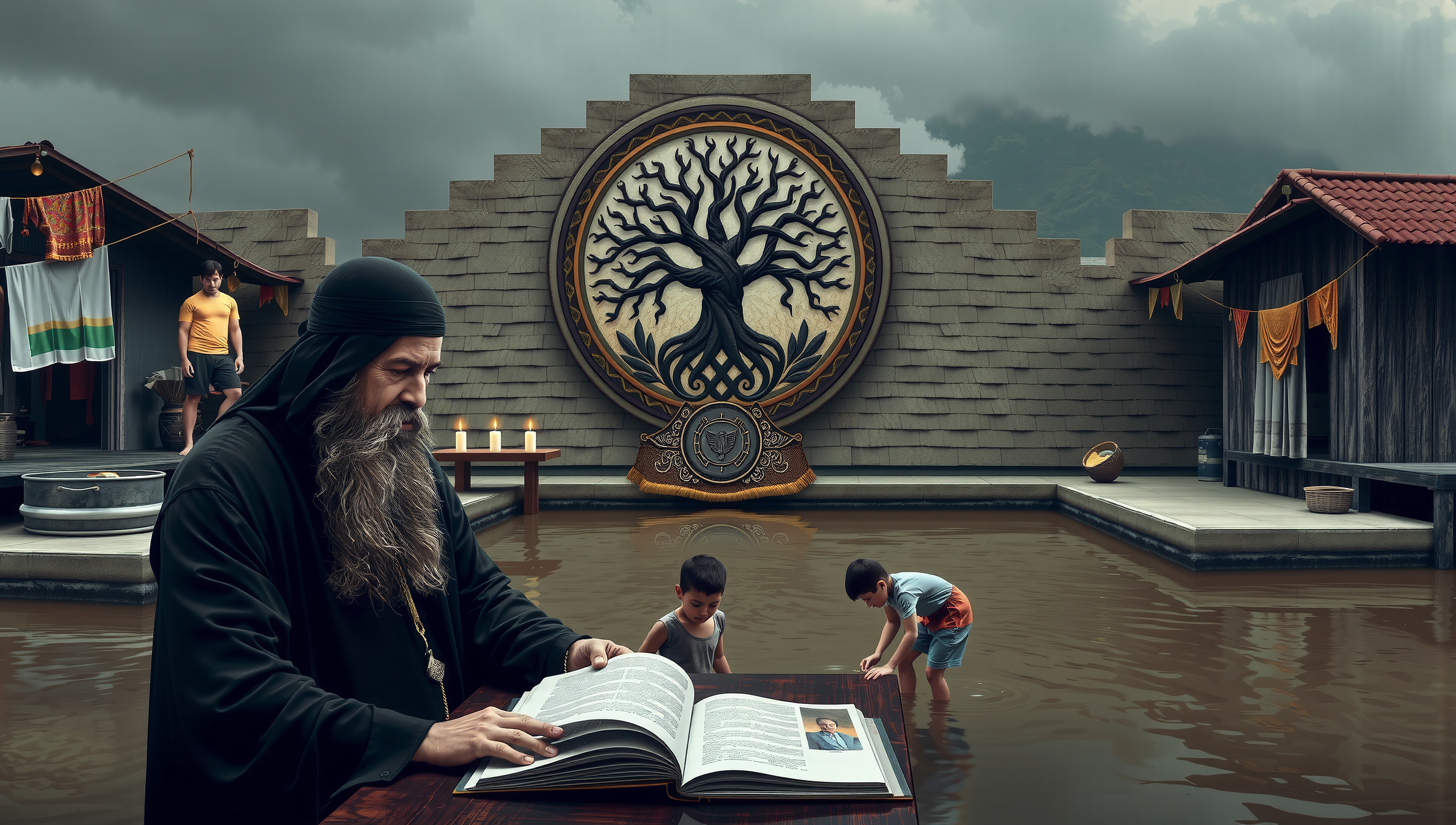 Elder reads scripture amid flooded courtyard with symbolic tree mural behind
