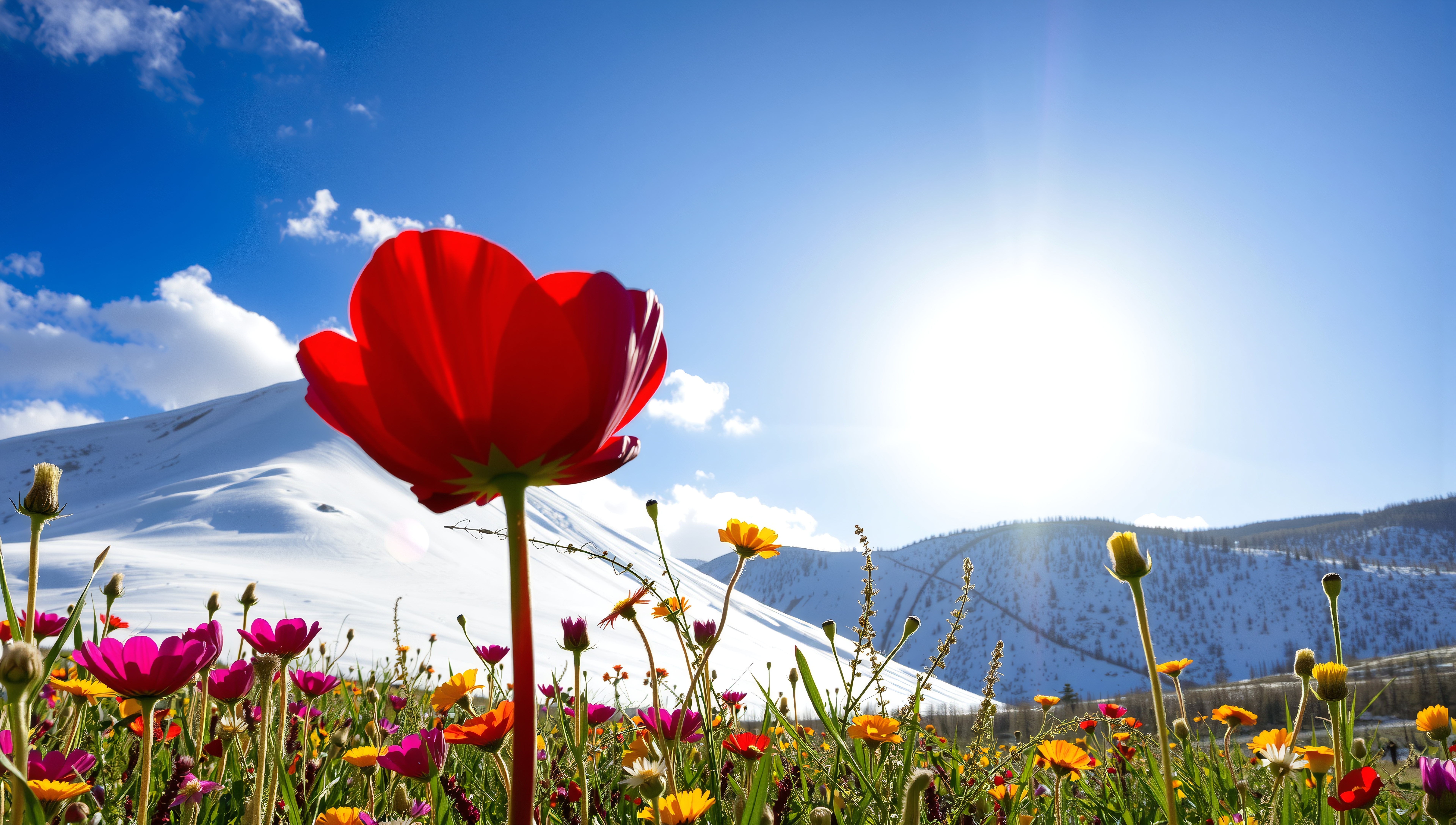 Field of wildflowers under clear sky with snowy mountain backdrop showcasing nature's vivid beauty.