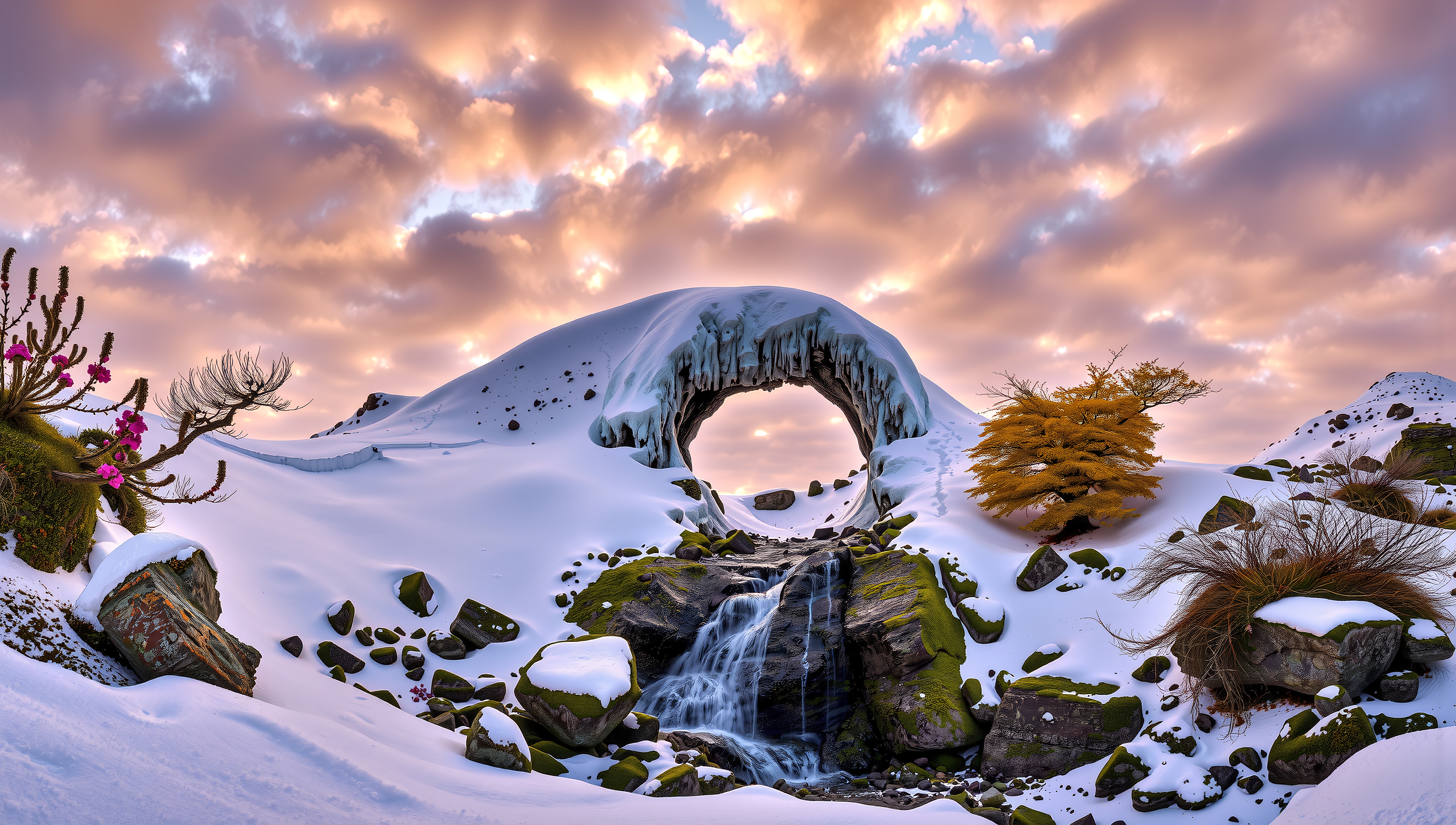 Frozen Ice Arch Waterfall Mountain Sunset Winter Landscape Photography