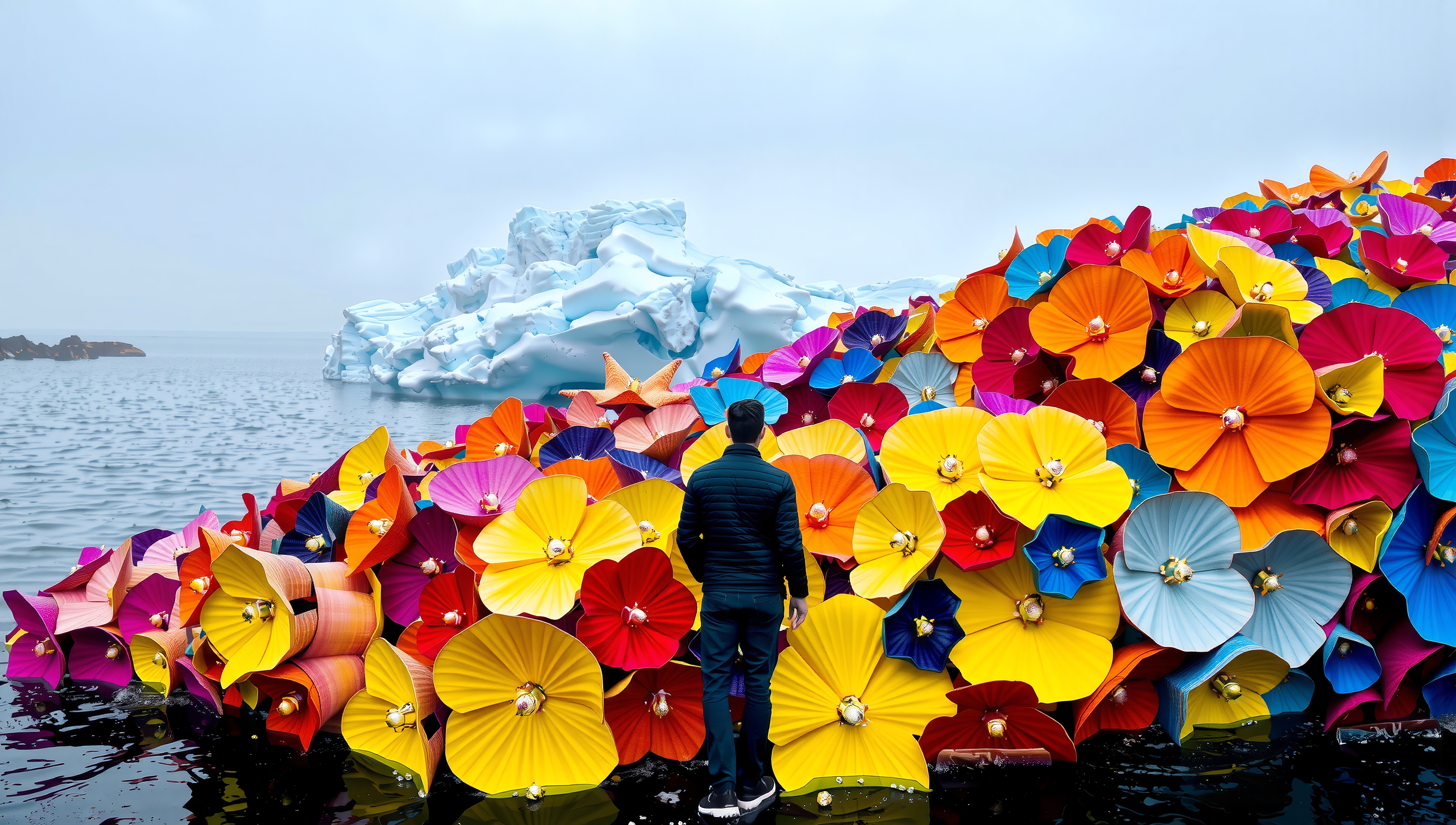 Man standing before colorful flowers.
