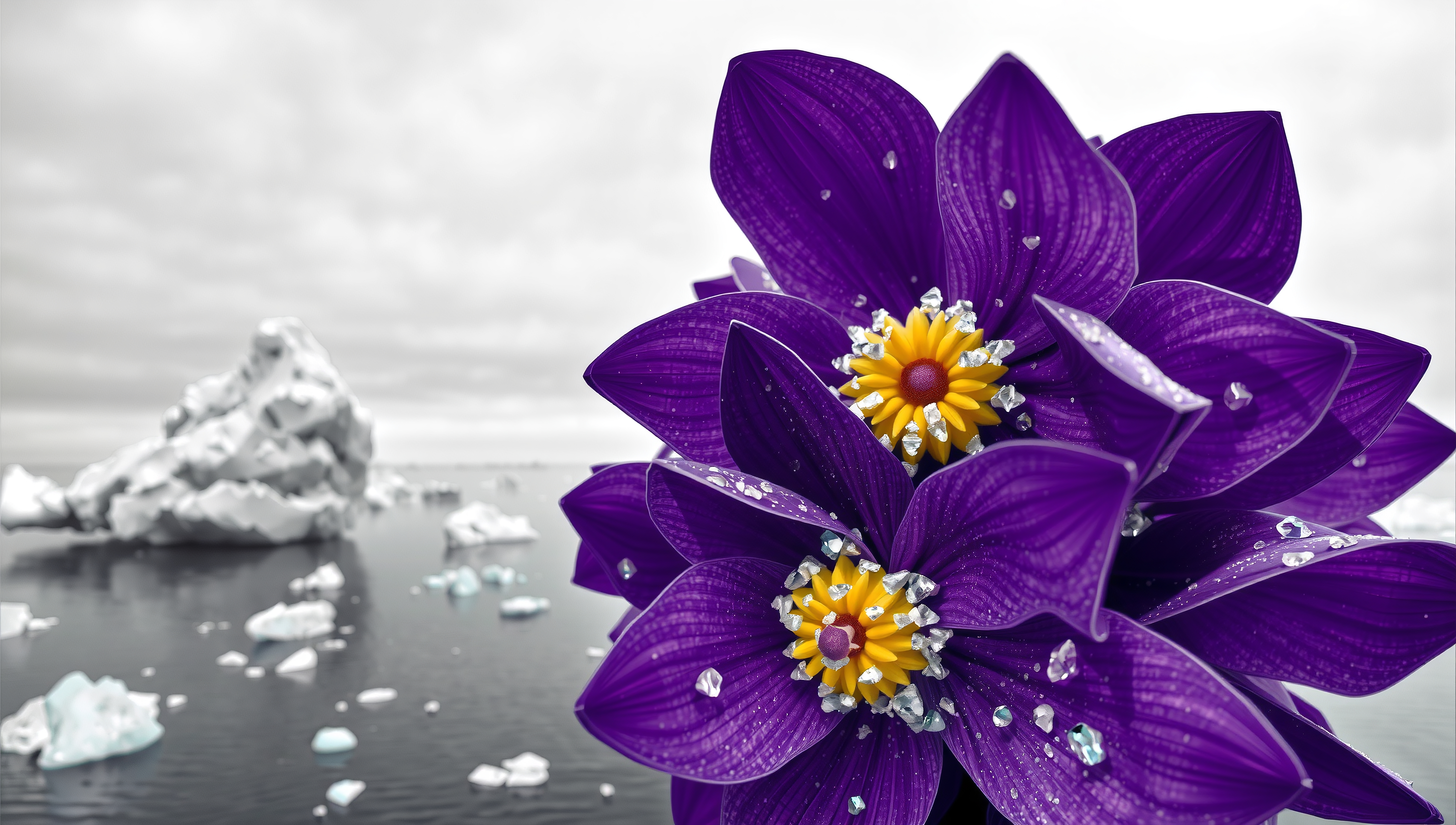 Vibrant purple flowers blooming amidst icy water and glacier landscape, dazzling diamonds on petals, surreal winter art