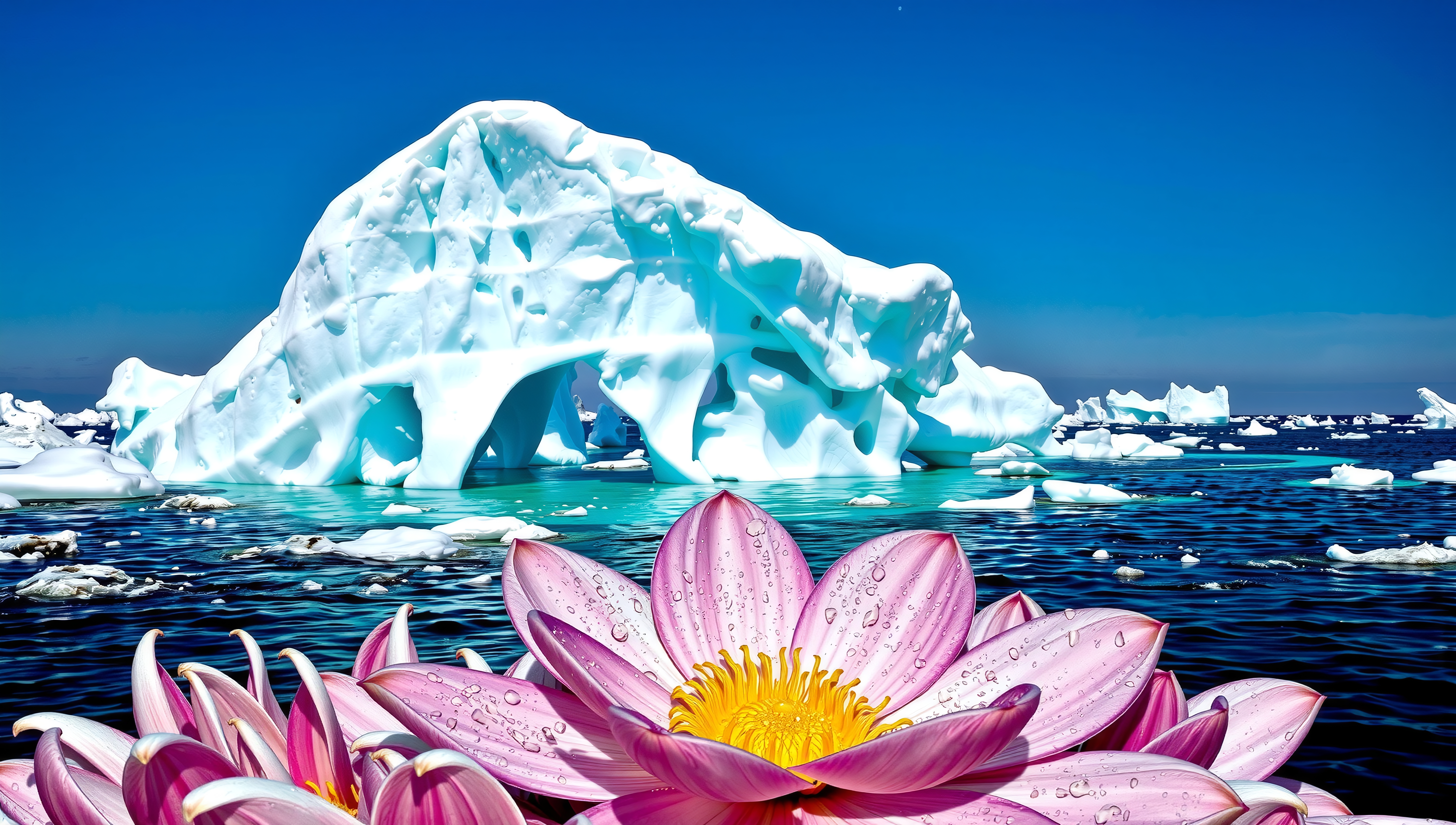 A vibrant image of a massive iceberg with stunning pink flowers in the foreground under a bright blue sky.