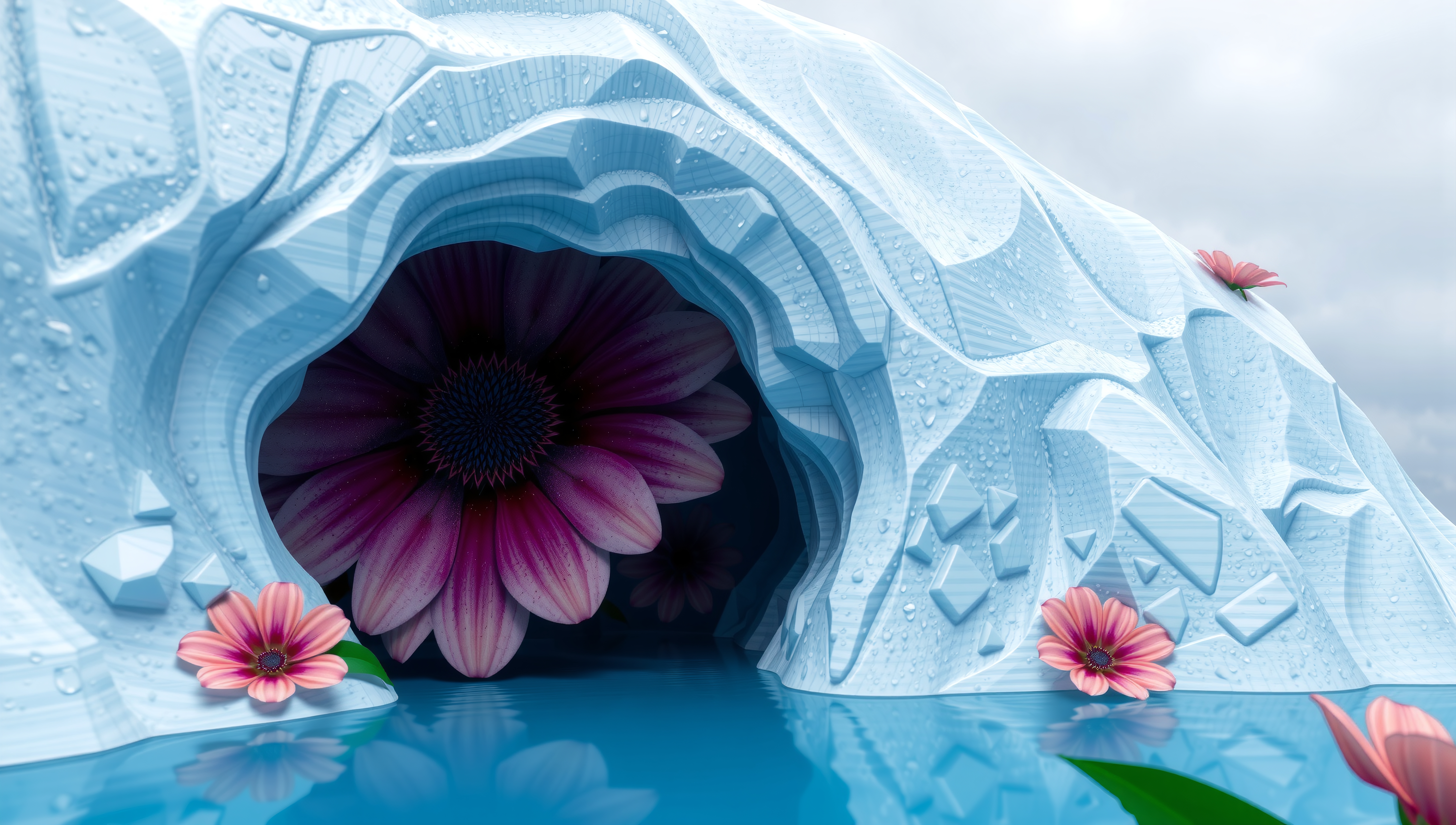 A vibrant pink flower blooms from an icy cave, surrounded by smaller blossoms and reflections on the water, creating a surreal and beautiful scene.