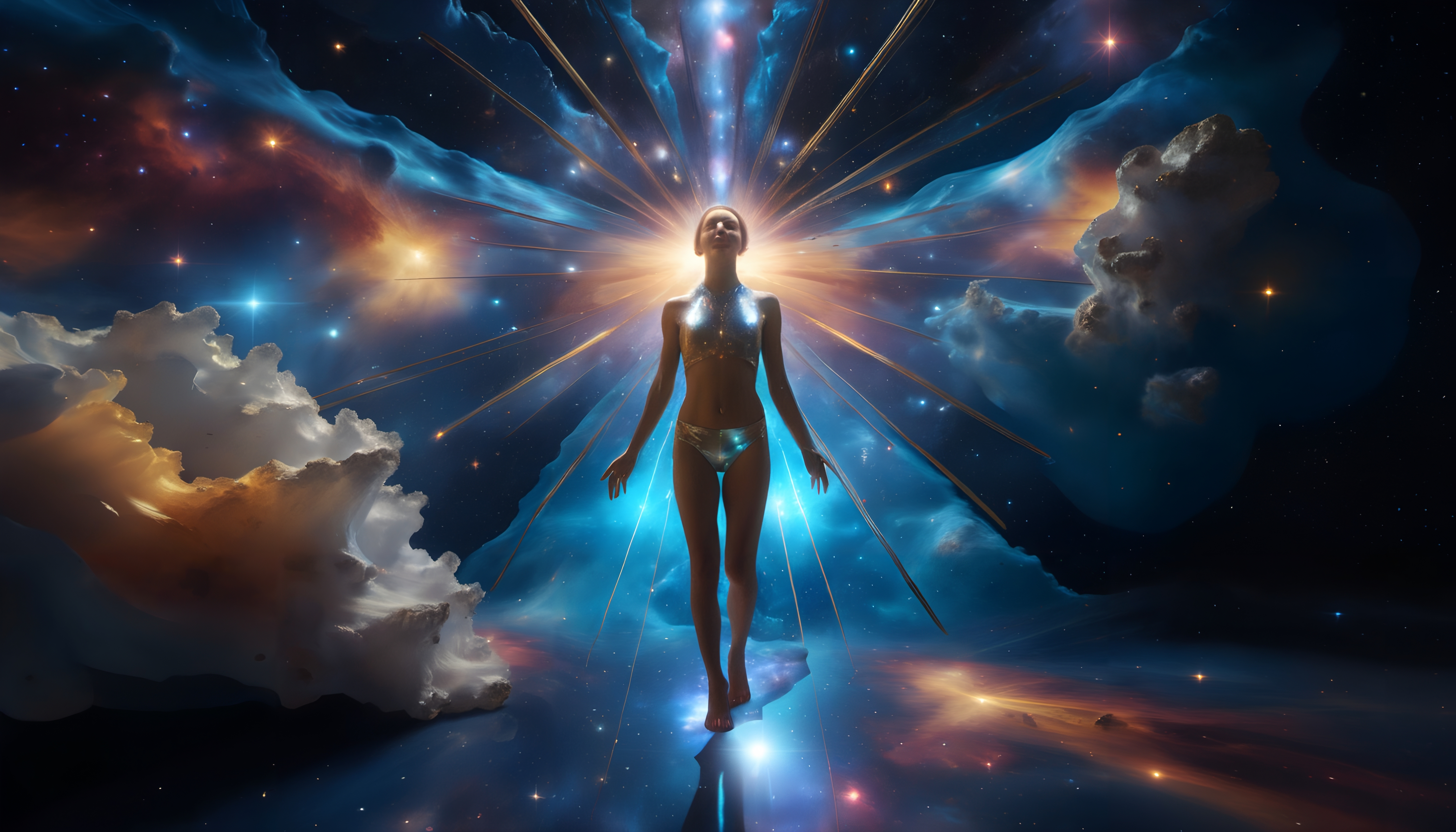 Ethereal figure bathed in cosmic light.