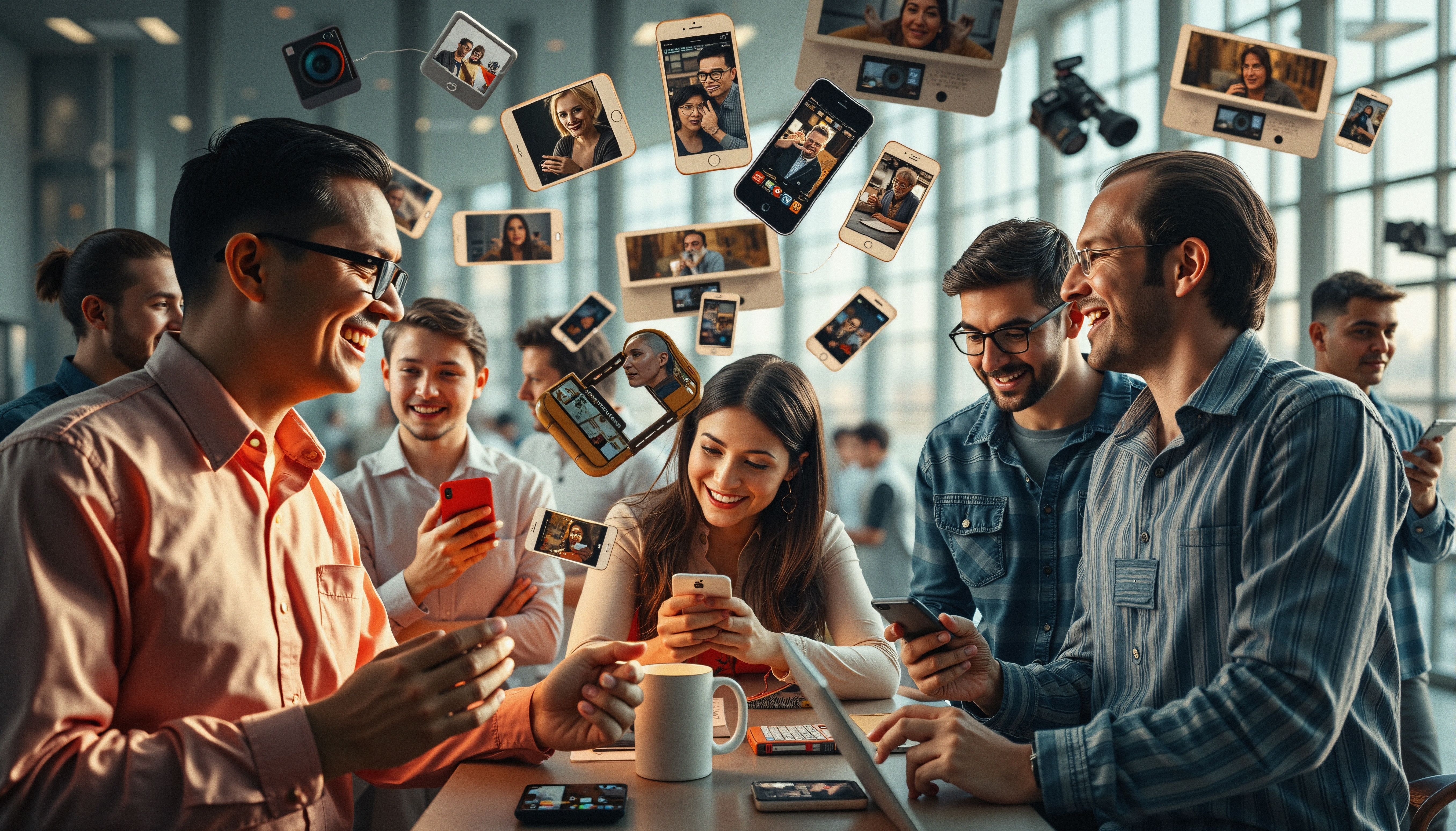 A group of people joyfully interacting with smartphones in a modern office, highlighting digital connectivity through floating video call screens.