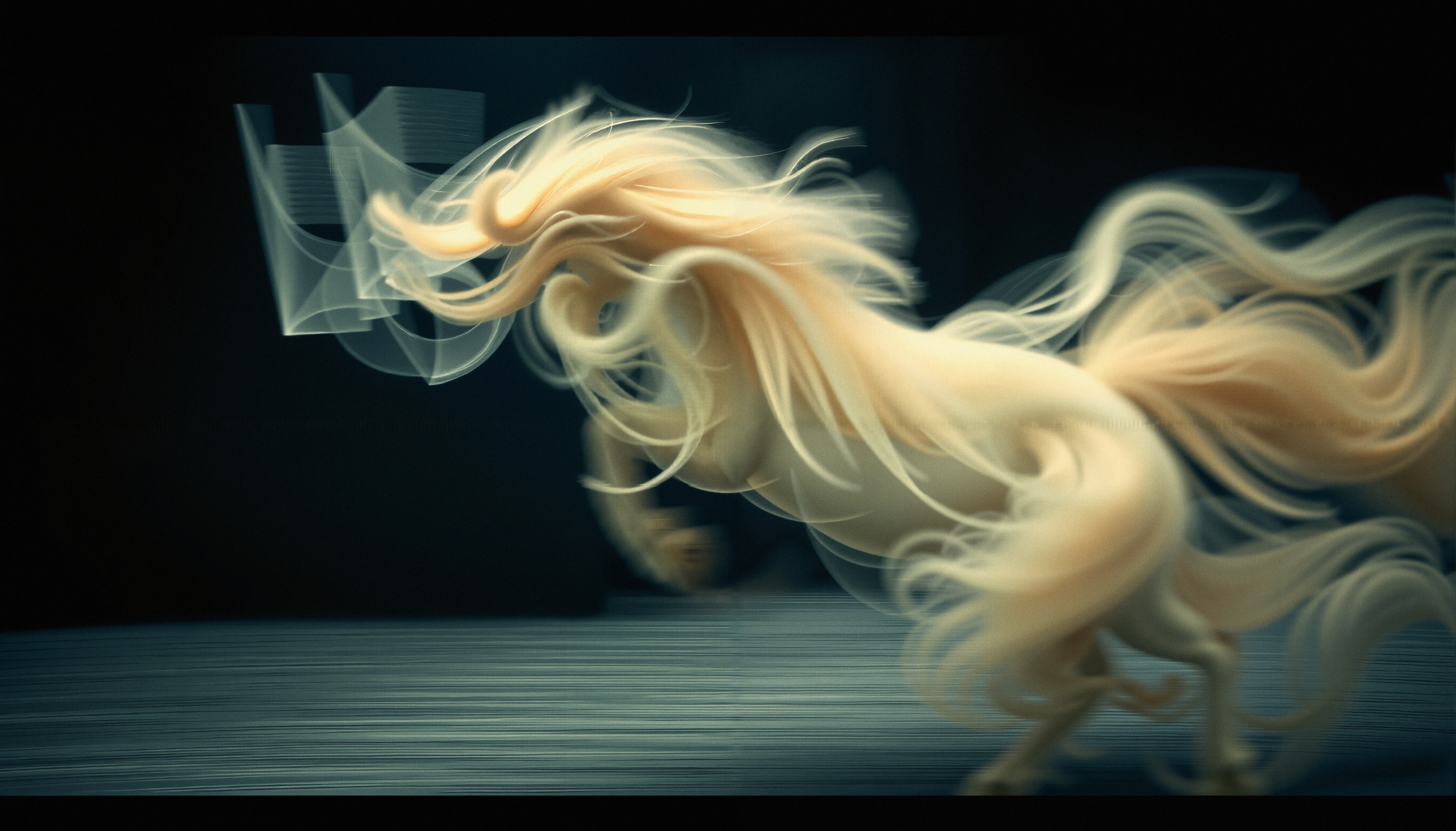 Ethereal white horse in motion, mane flowing dynamically against dark background.