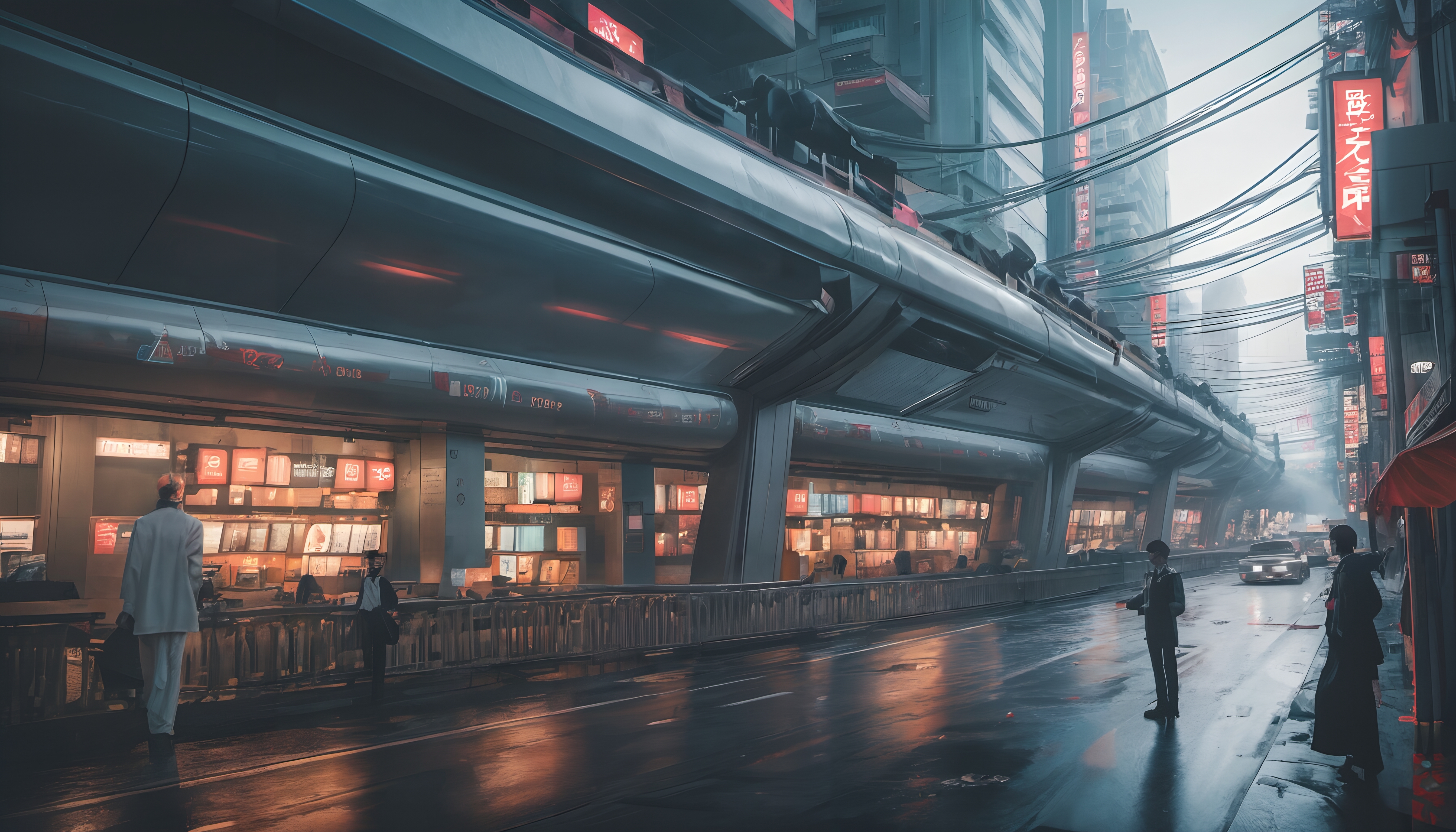 A futuristic city street featuring neon signs, elevated walkways, and sleek architecture in a bustling urban environment.