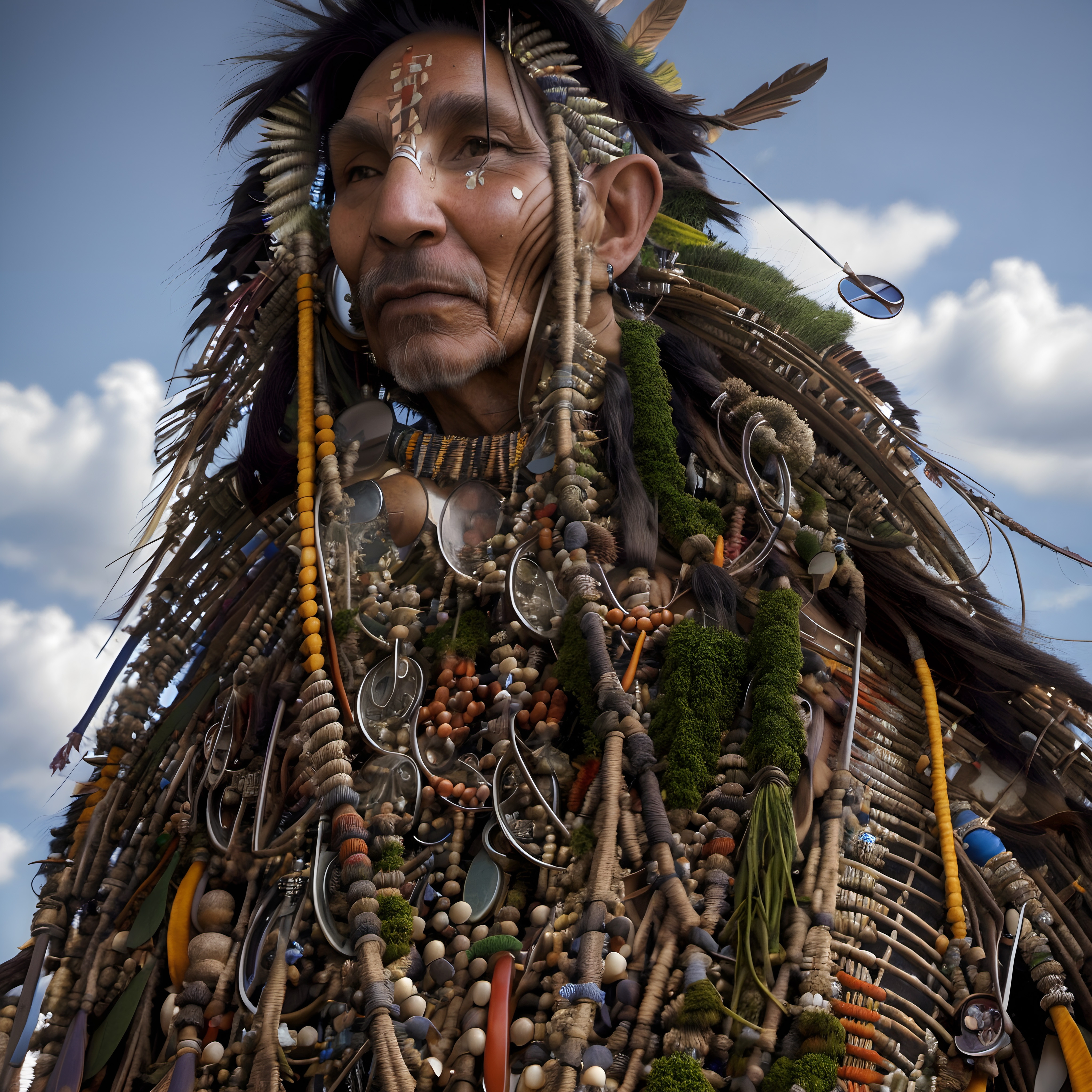 A person adorned in traditional attire with feathers, beads, and intricate designs stands against a blue sky, showcasing cultural heritage and ceremonial significance.
