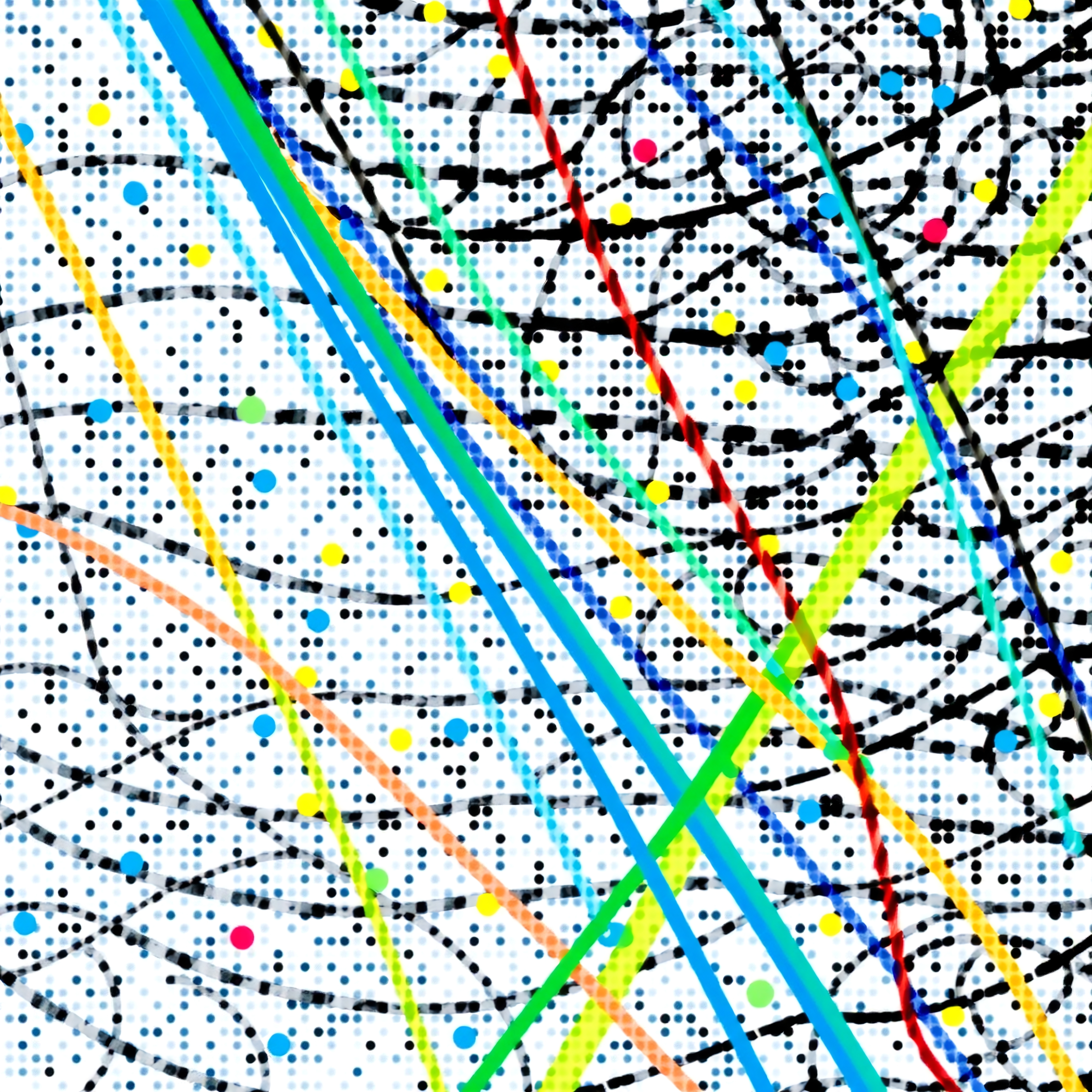 An abstract artwork showcasing colorful lines and dots.