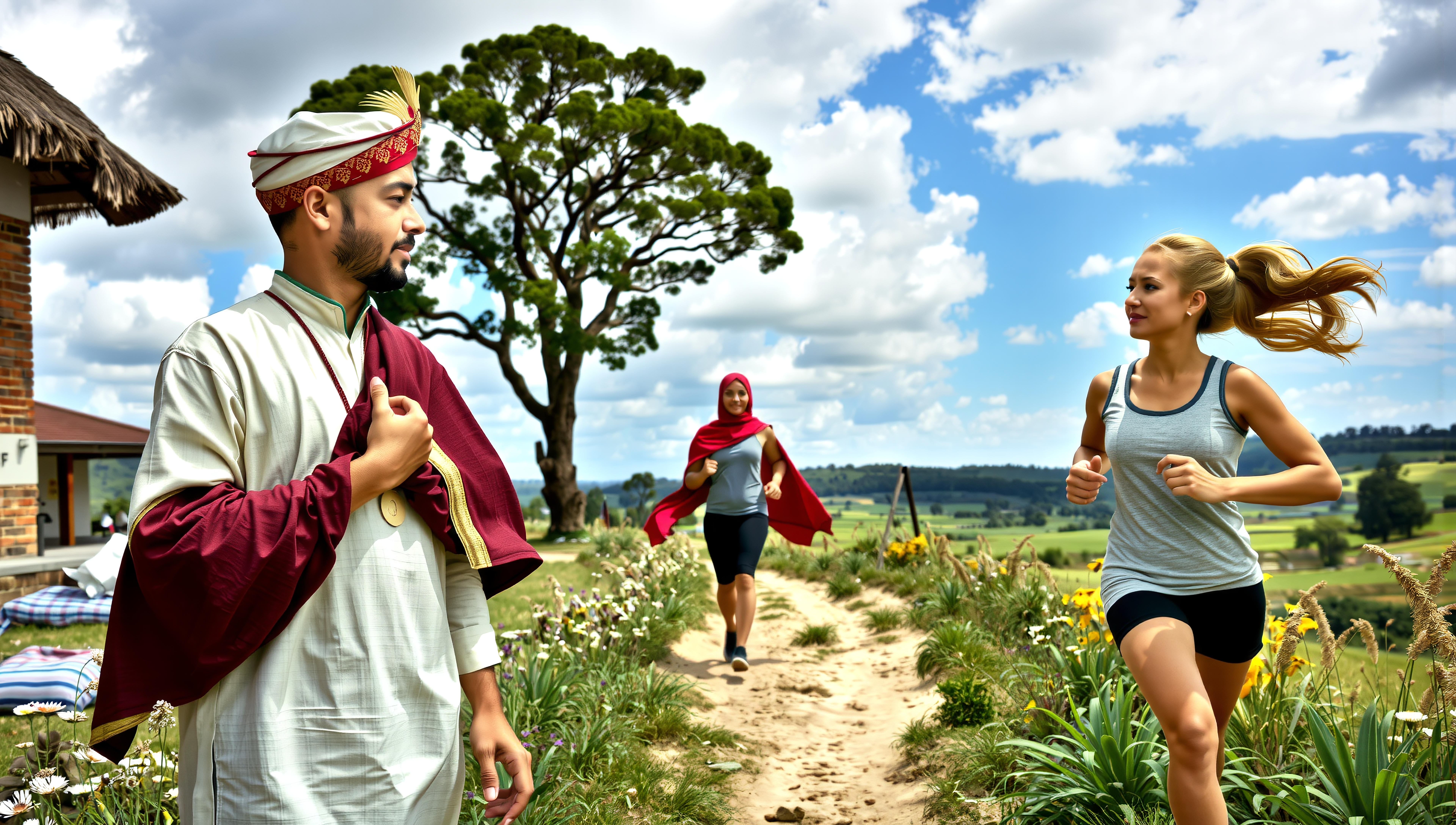 Two women jogging past a traditionally dressed man in a scenic countryside landscape.