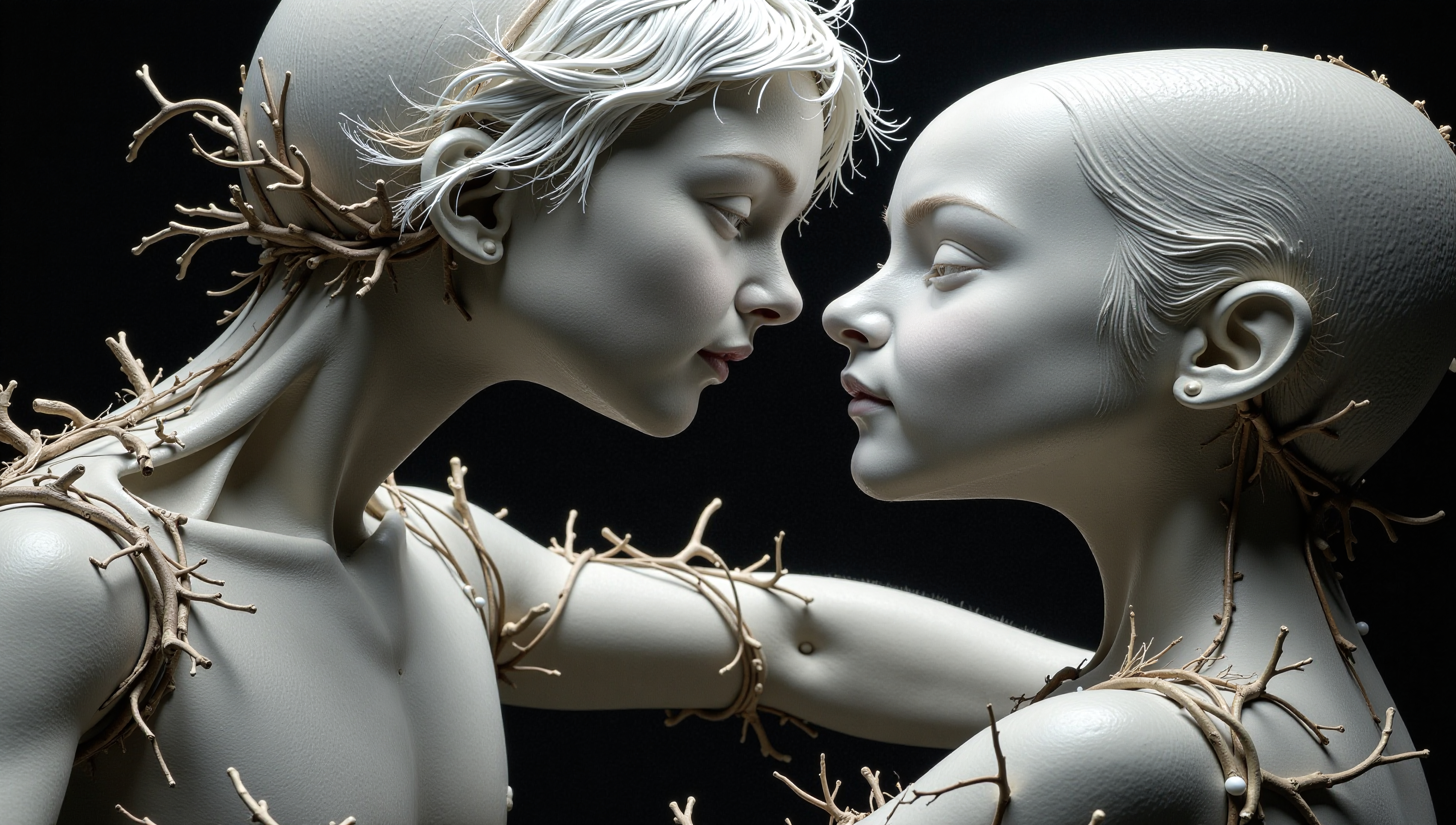 Sculpture of two women entwined with branches symbolizing nature's embrace and inner peace