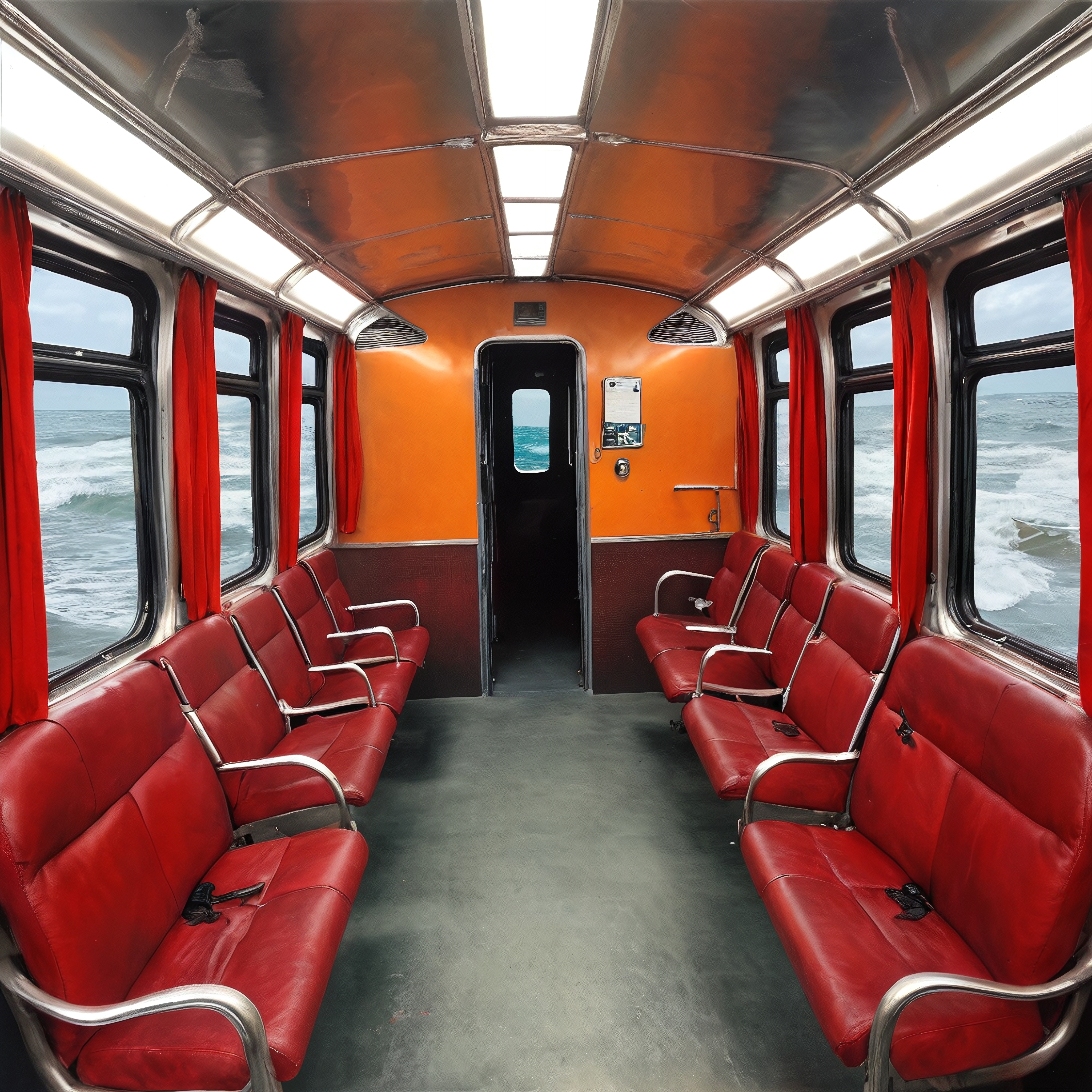 Modern train interior with red seats and ocean views.