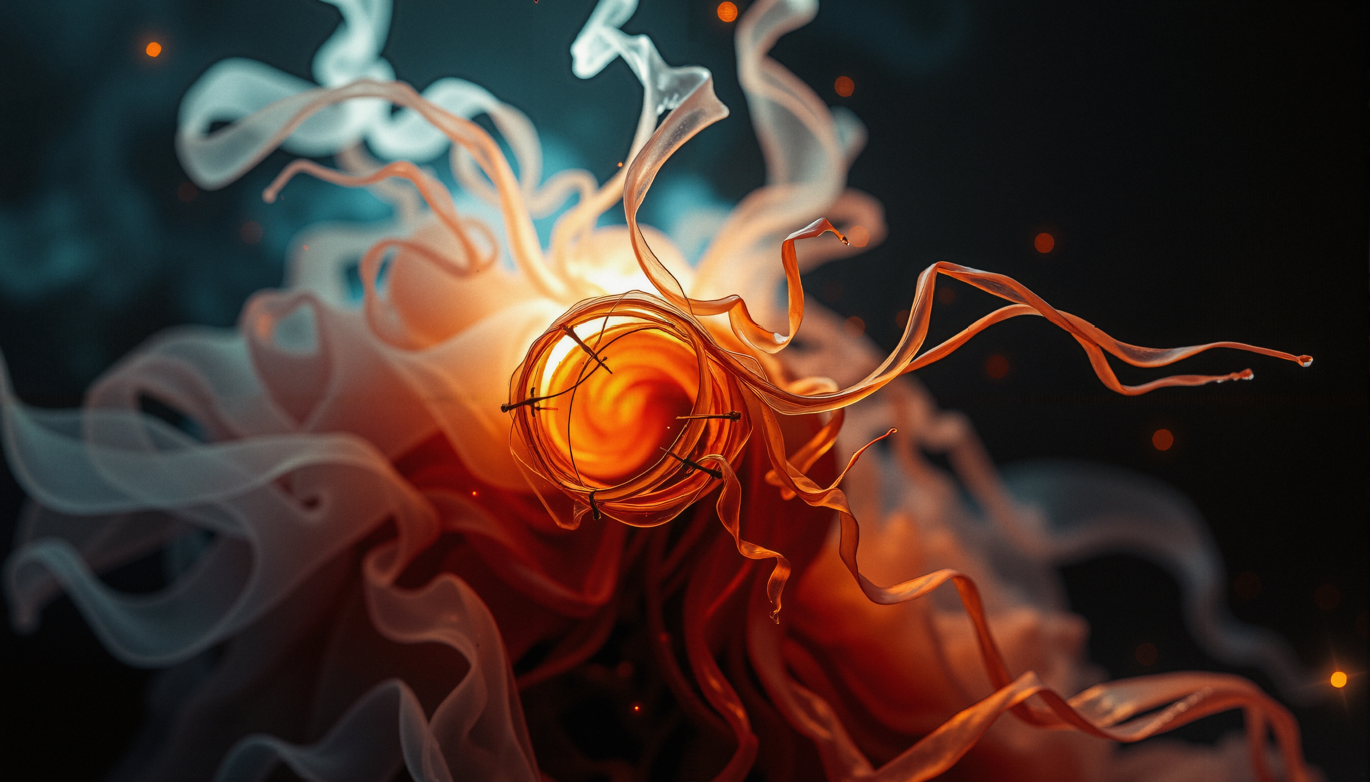 Abstract glowing orb with swirling fiery tendrils against a dark background.