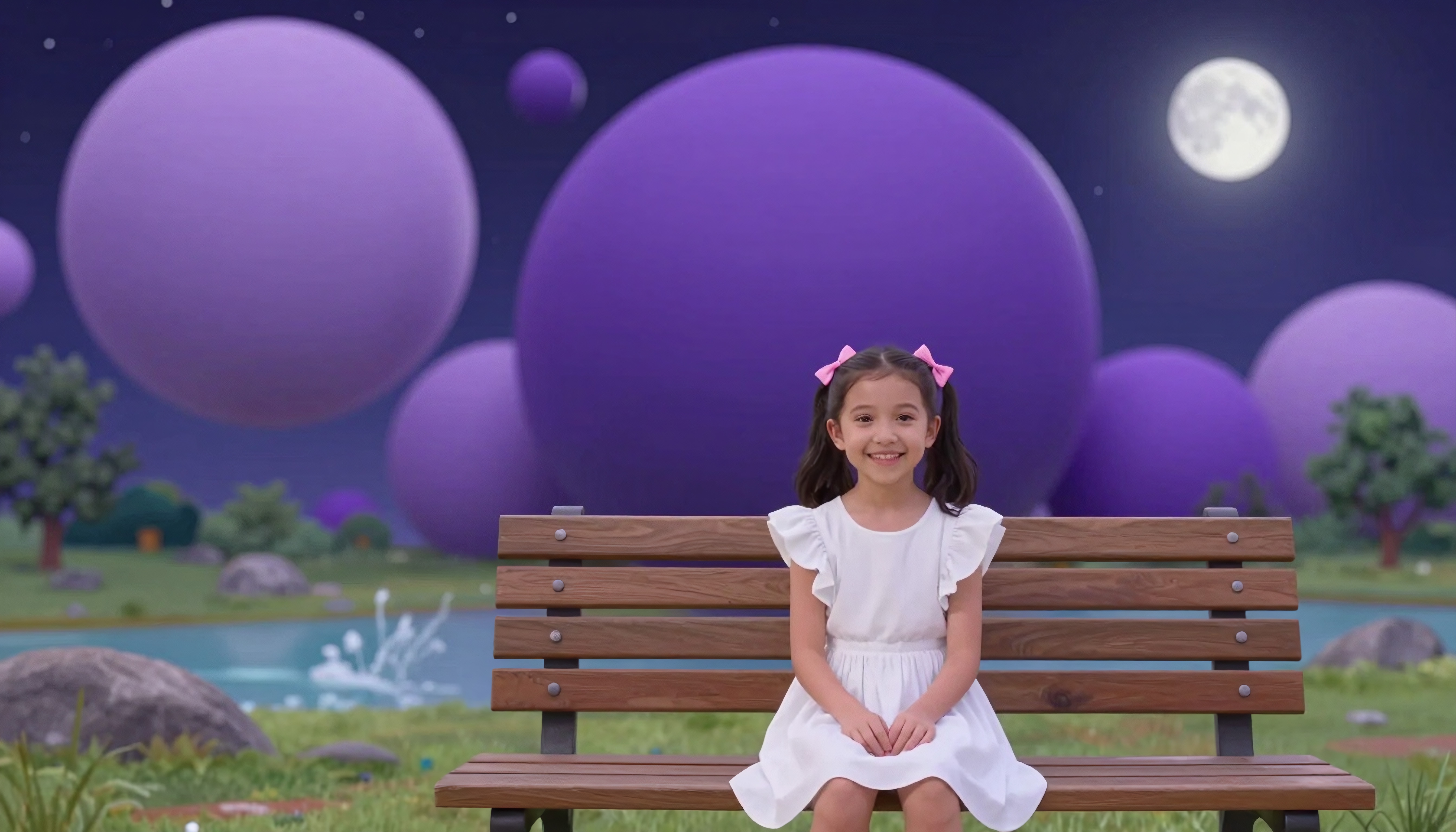 A smiling girl in a white dress sits on a bench in a whimsical park with floating purple spheres and a bright full moon.