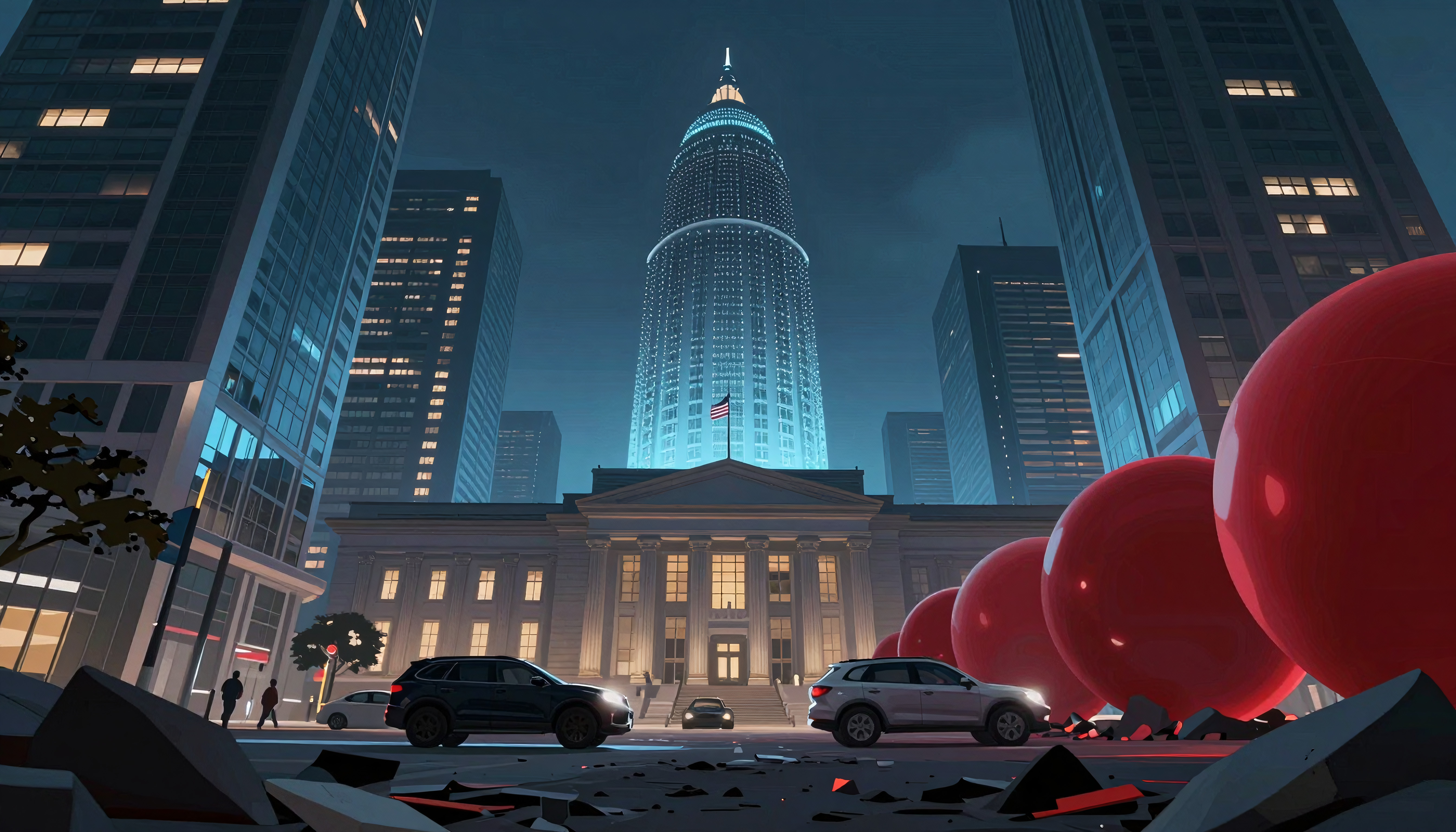 Nighttime urban cityscape with iconic Chrysler Building and red