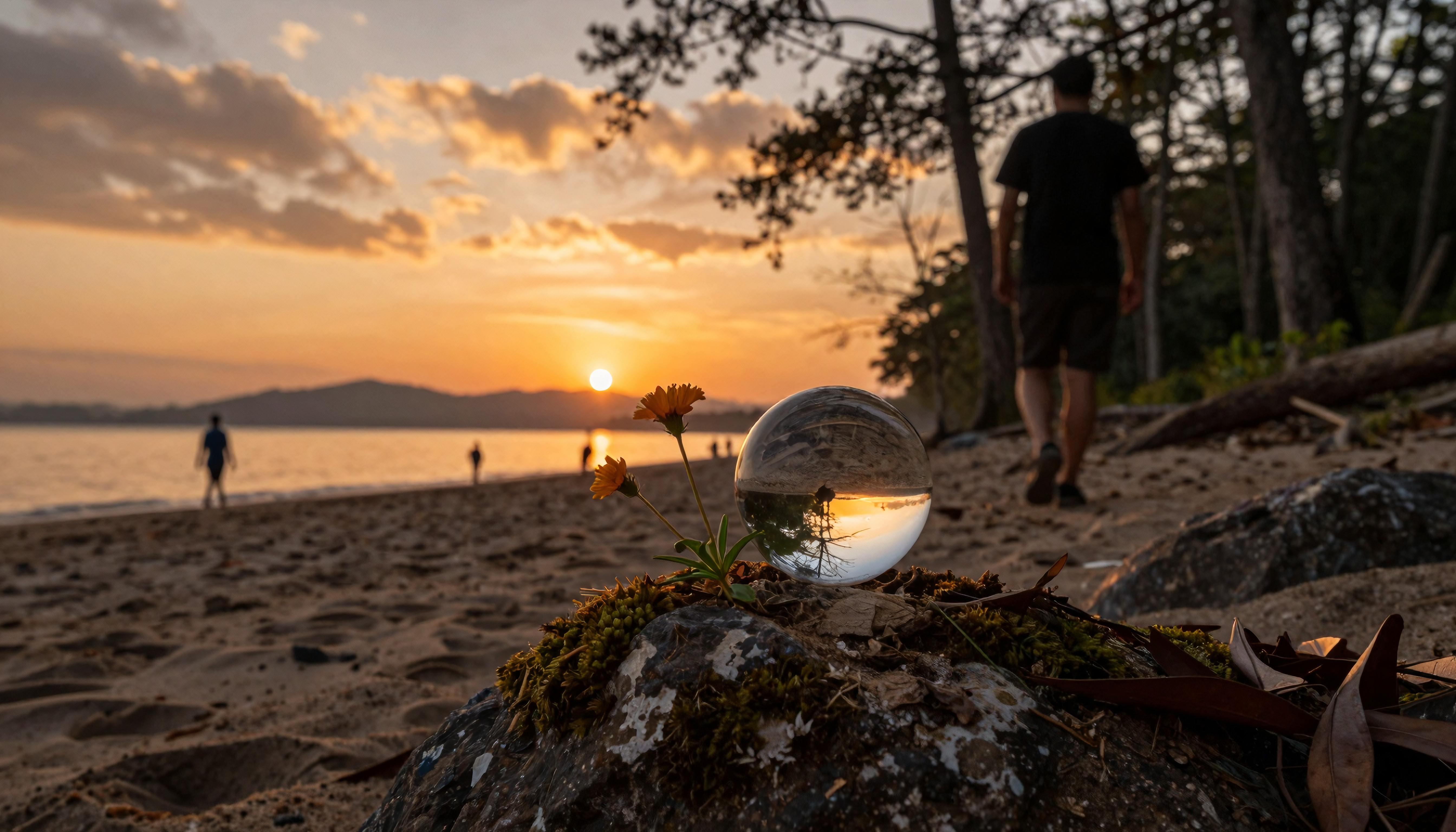Sunset Beach Landscape with Glass Sphere and Silhouettes