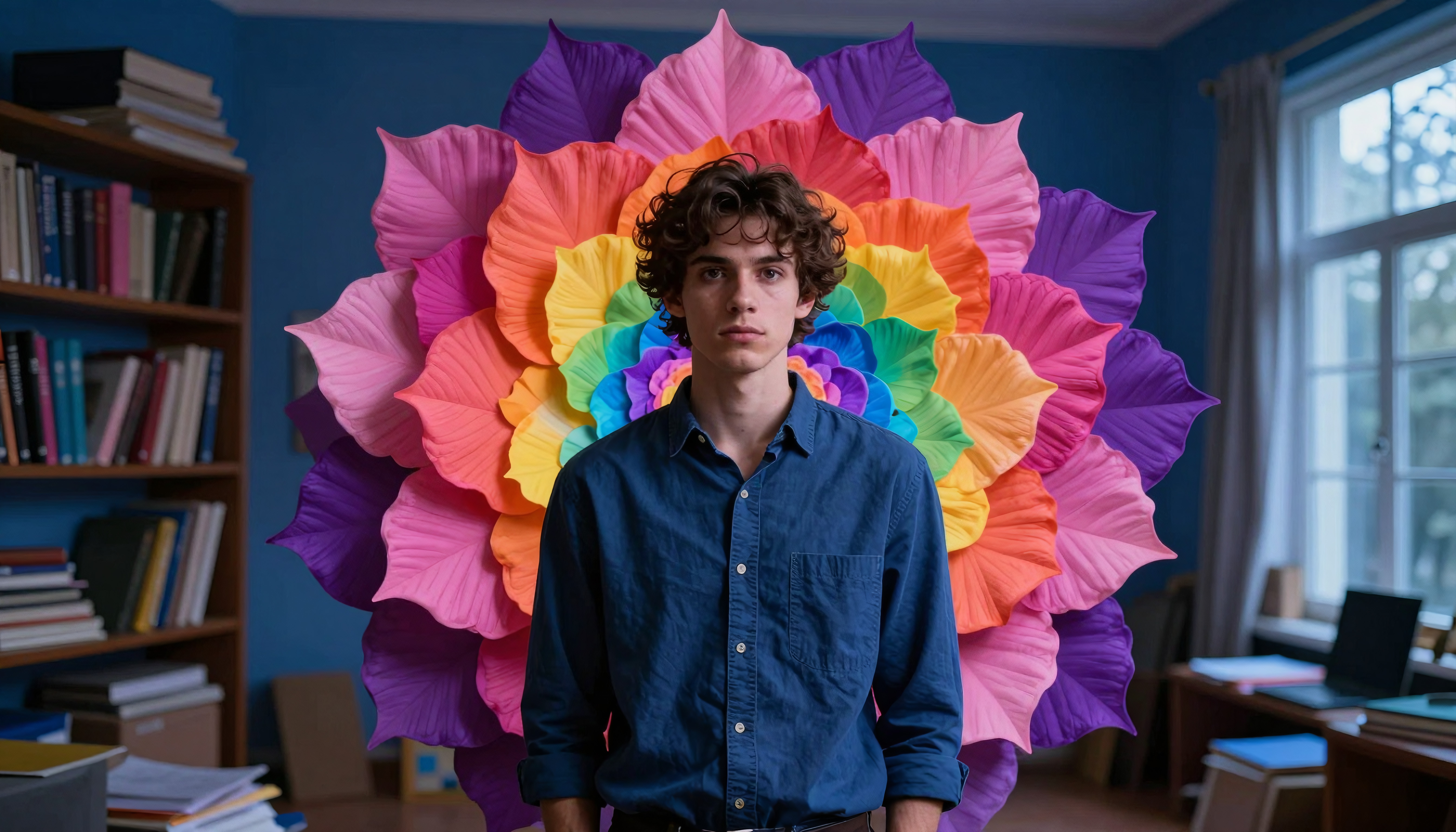 Young man with vibrant rainbow flower in blue study room