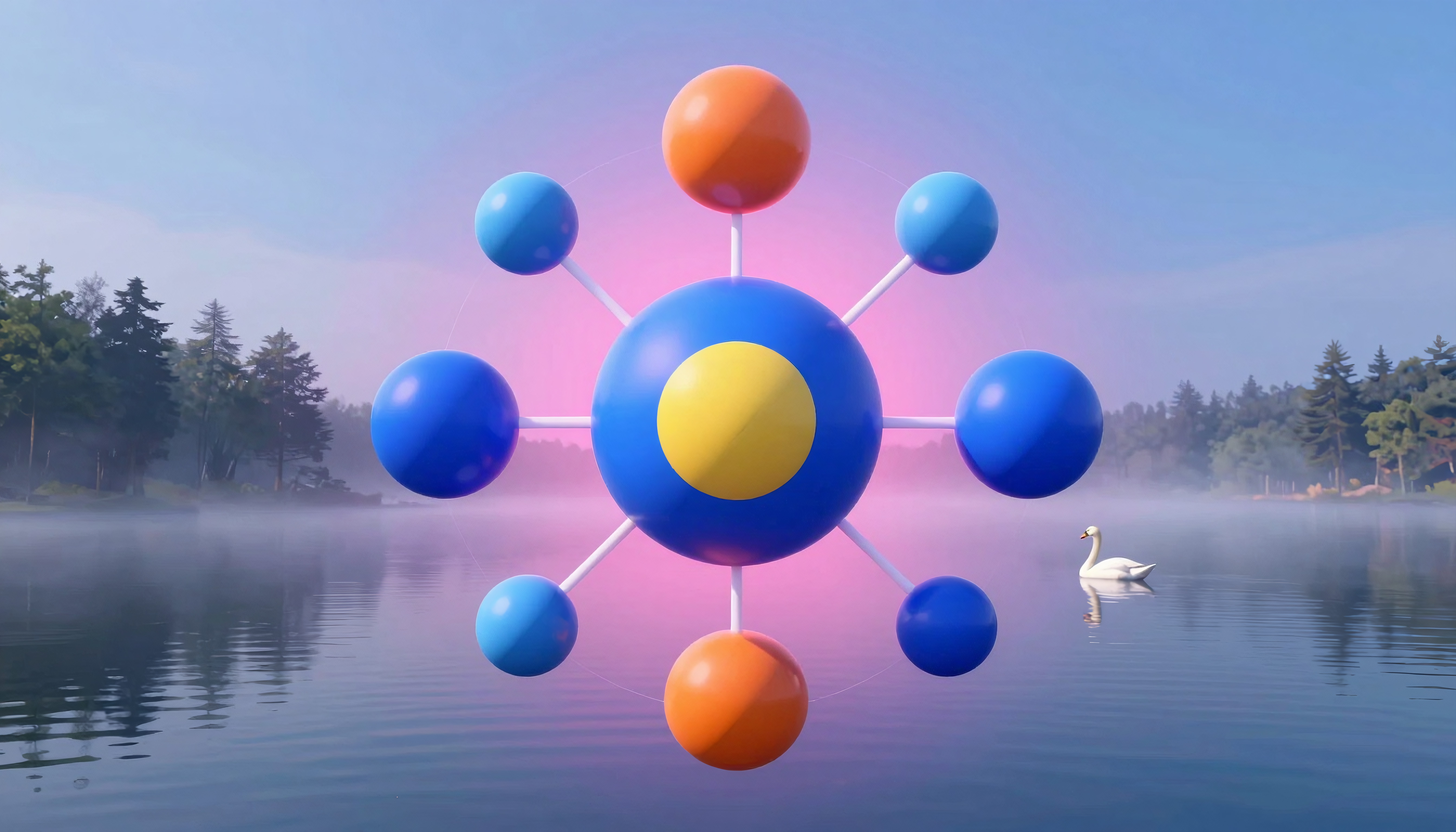 Molecular Structure Over Serene Lake with Swan and Forest