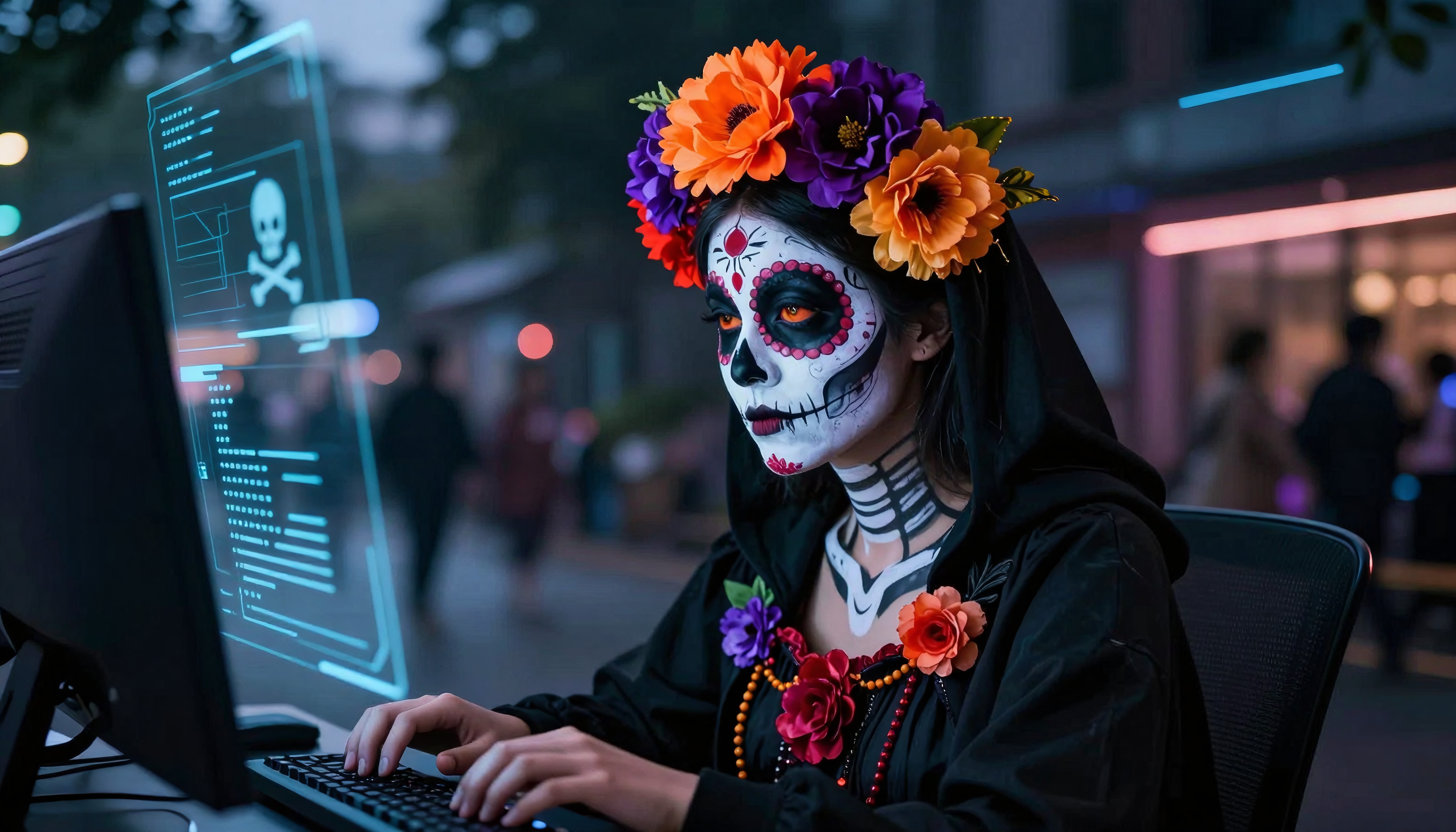 A woman in Day of the Dead makeup works at a computer with a digital interface.
