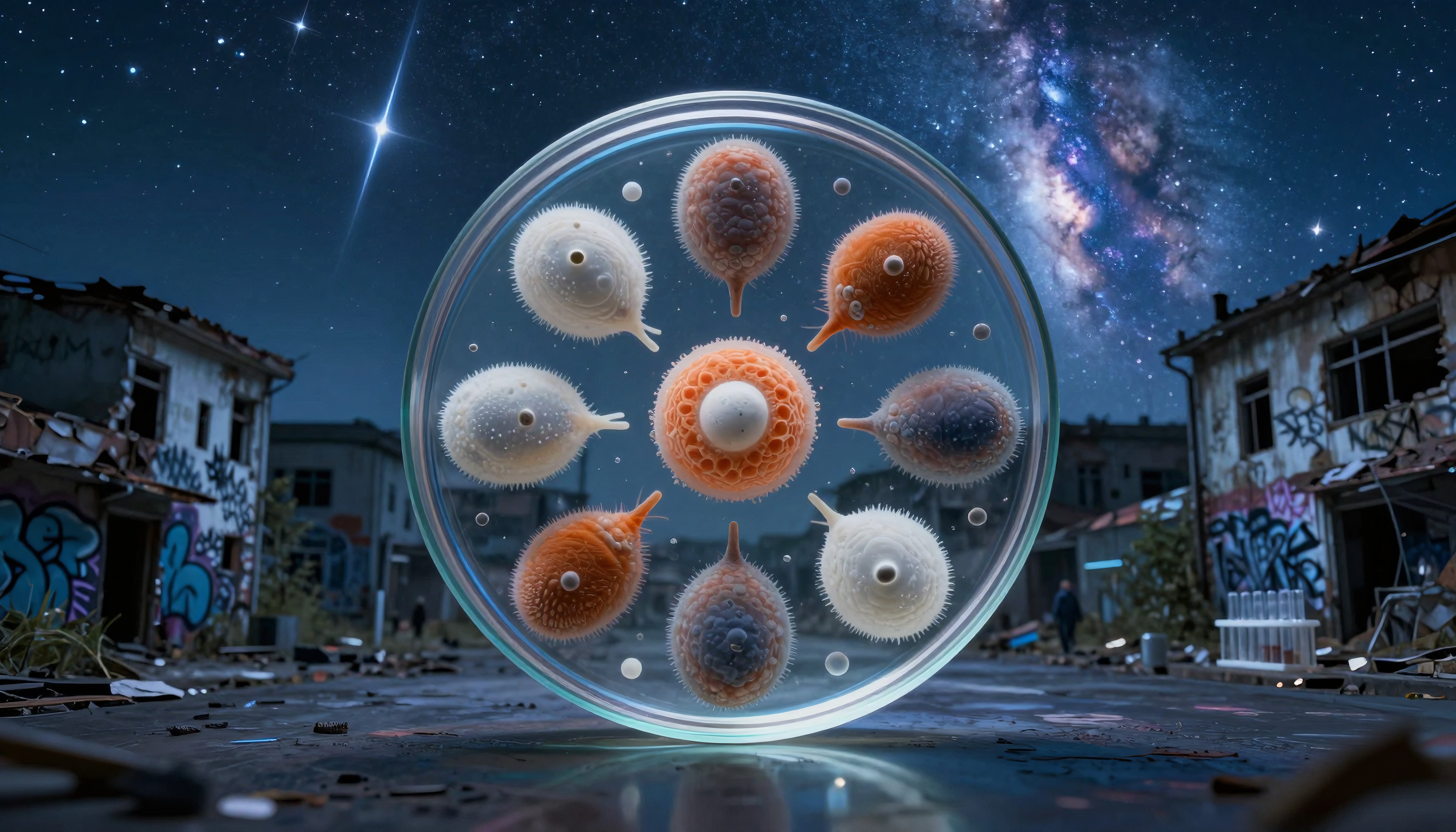 Petri dish with glowing microorganisms in abandoned city under starry night sky and Milky Way