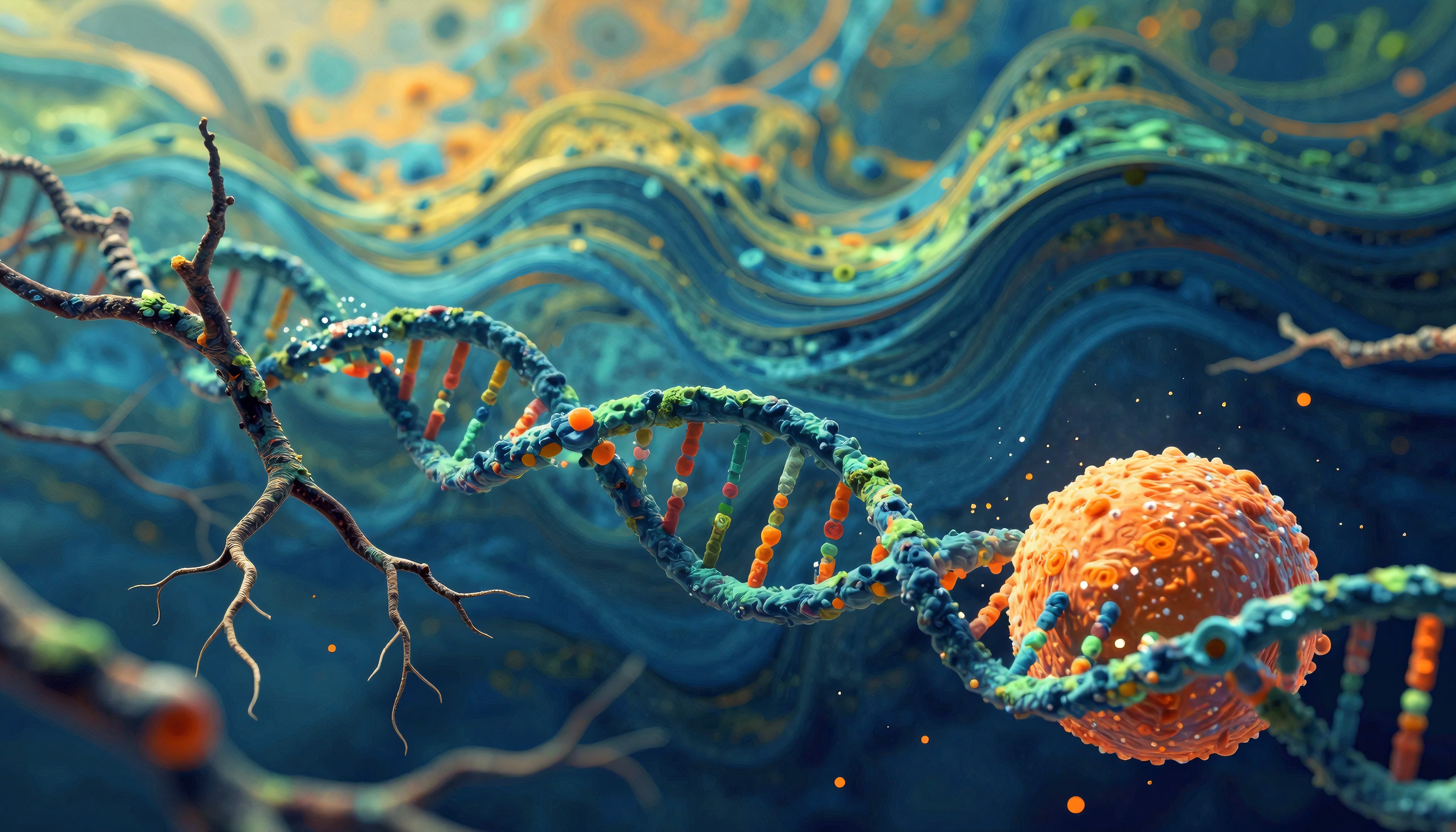 Colorful abstract illustration of DNA helix and sphere intertwining with vibrant colors and organic shapes.